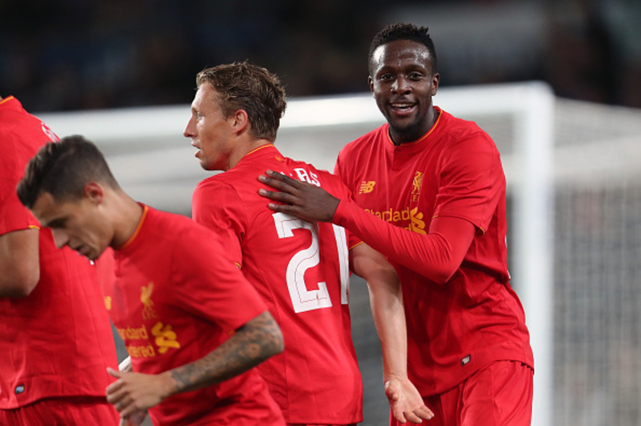 DERBY, ENGLAND - SEPTEMBER 20: Divock Origi of Liverpool celebrates with his team mates after scoring a goal to make it 0-3 during the EFL Cup Third Round match between Derby County and Liverpool at iPro Stadium on September 20, 2016 in Derby, England. (P