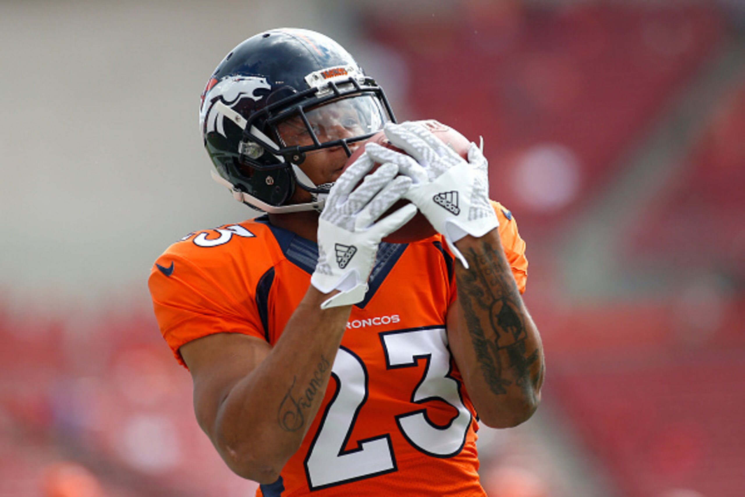 TAMPA, FL - OCTOBER 2:  Running back Devontae Booker #23 of the Denver Broncos  warms up before the start of an NFL game against the Tampa Bay Buccaneers on October 2, 2016 at Raymond James Stadium in Tampa, Florida. (Photo by Brian Blanco/Getty Images)