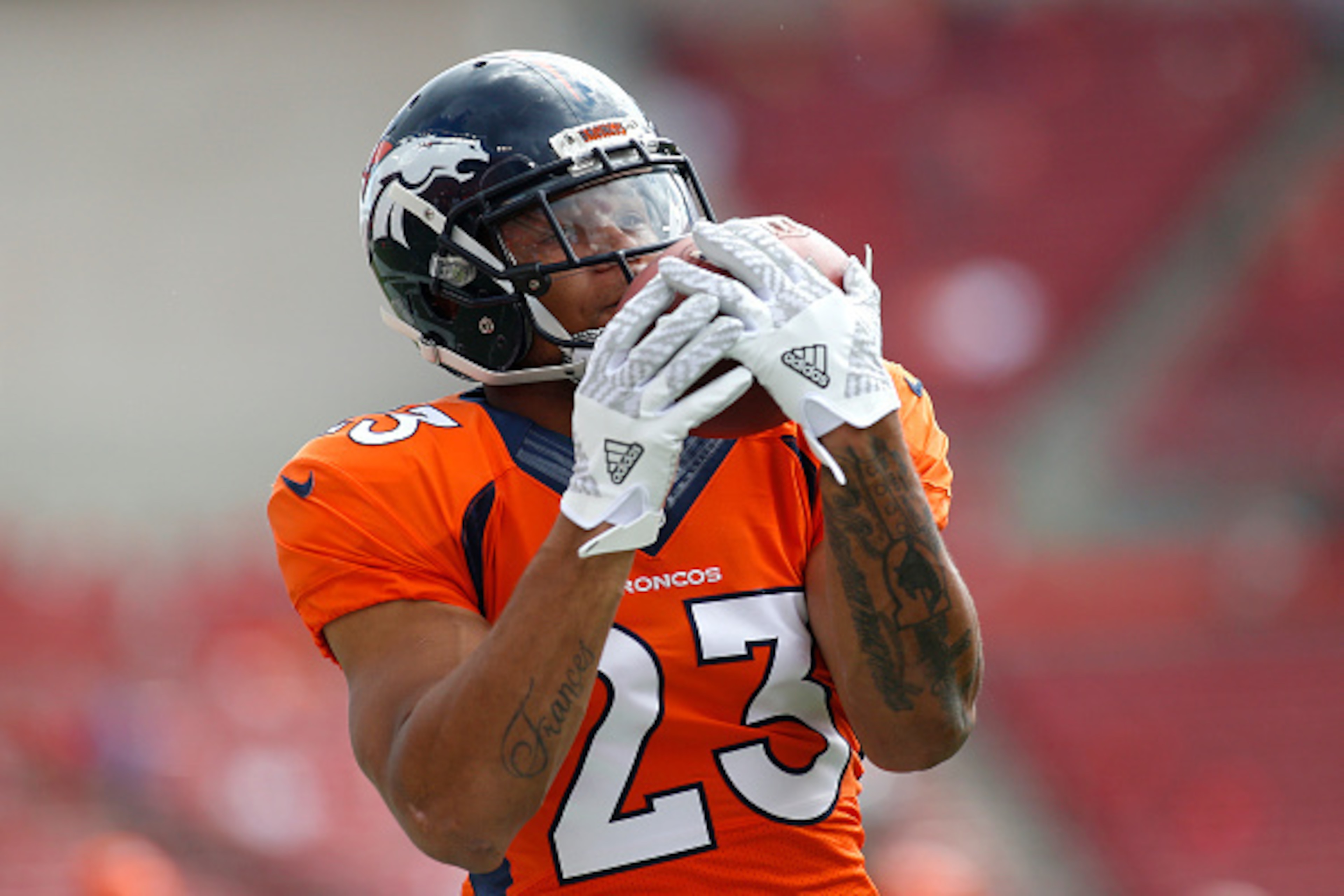 TAMPA, FL - OCTOBER 2:  Running back Devontae Booker #23 of the Denver Broncos  warms up before the start of an NFL game against the Tampa Bay Buccaneers on October 2, 2016 at Raymond James Stadium in Tampa, Florida. (Photo by Brian Blanco/Getty Images)