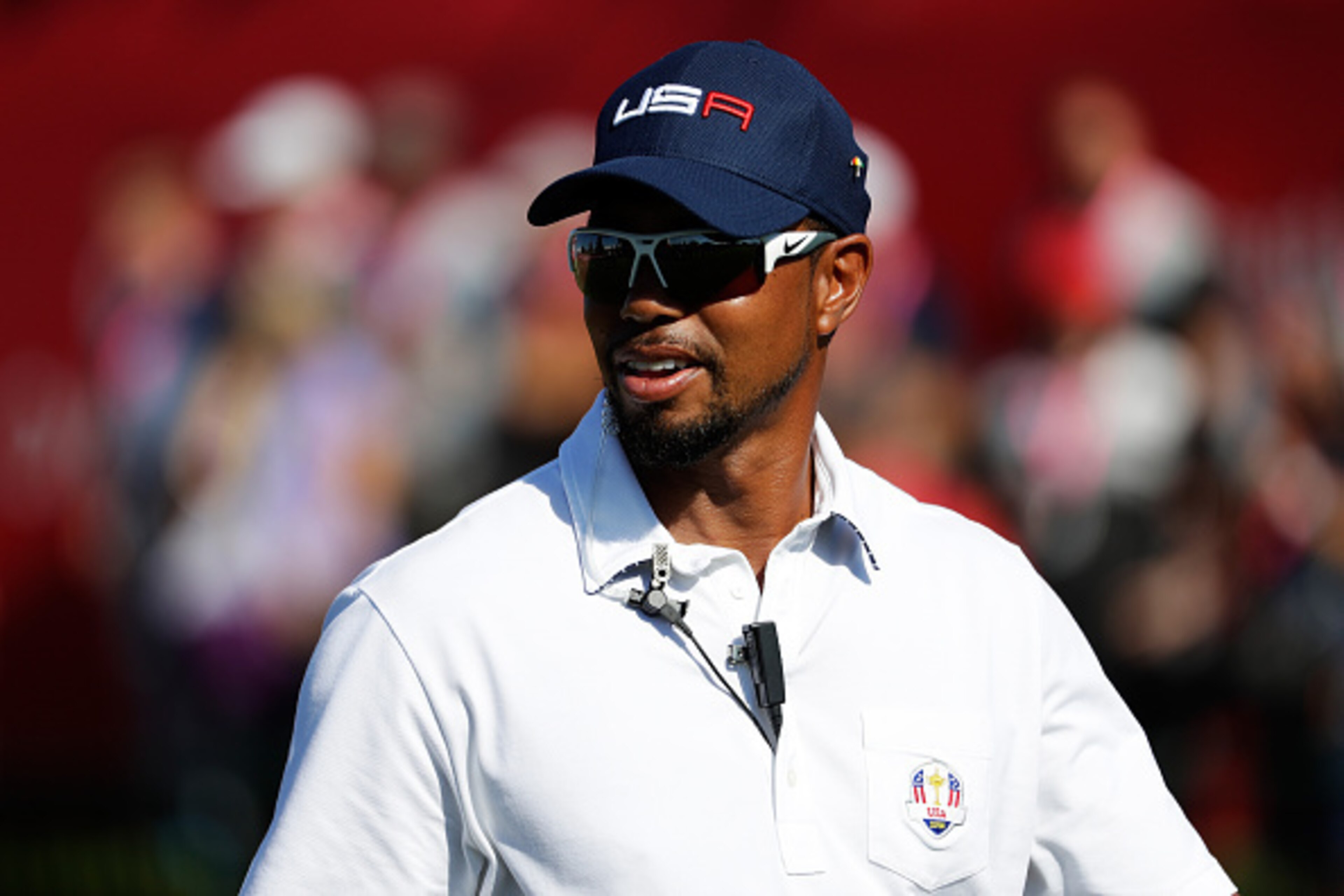 CHASKA, MN - OCTOBER 02: Vice-captain Tiger Woods of the United States looks on from the first tee during singles matches of the 2016 Ryder Cup at Hazeltine National Golf Club on October 2, 2016 in Chaska, Minnesota.  (Photo by Jamie Squire/Getty Images)