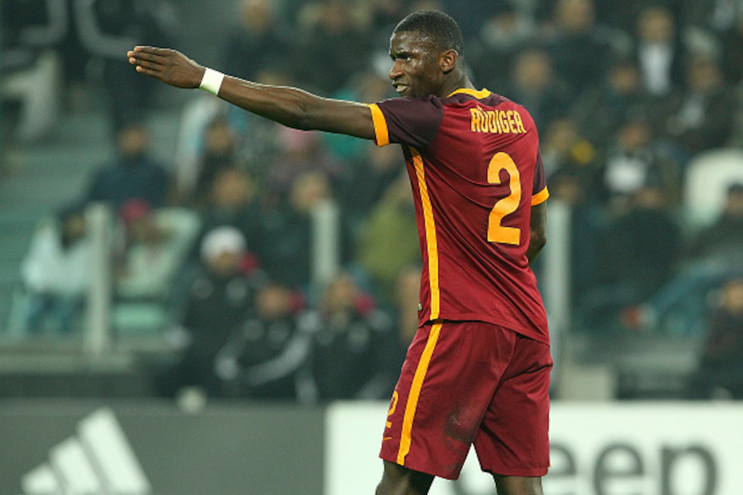 TURIN, ITALY - JANUARY 24:  Antonio Rudiger of AS Roma gestures during the Serie A match between Juventus FC and AS Roma at Juventus Arena on January 24, 2016 in Turin, Italy.  (Photo by Marco Luzzani/Getty Images)