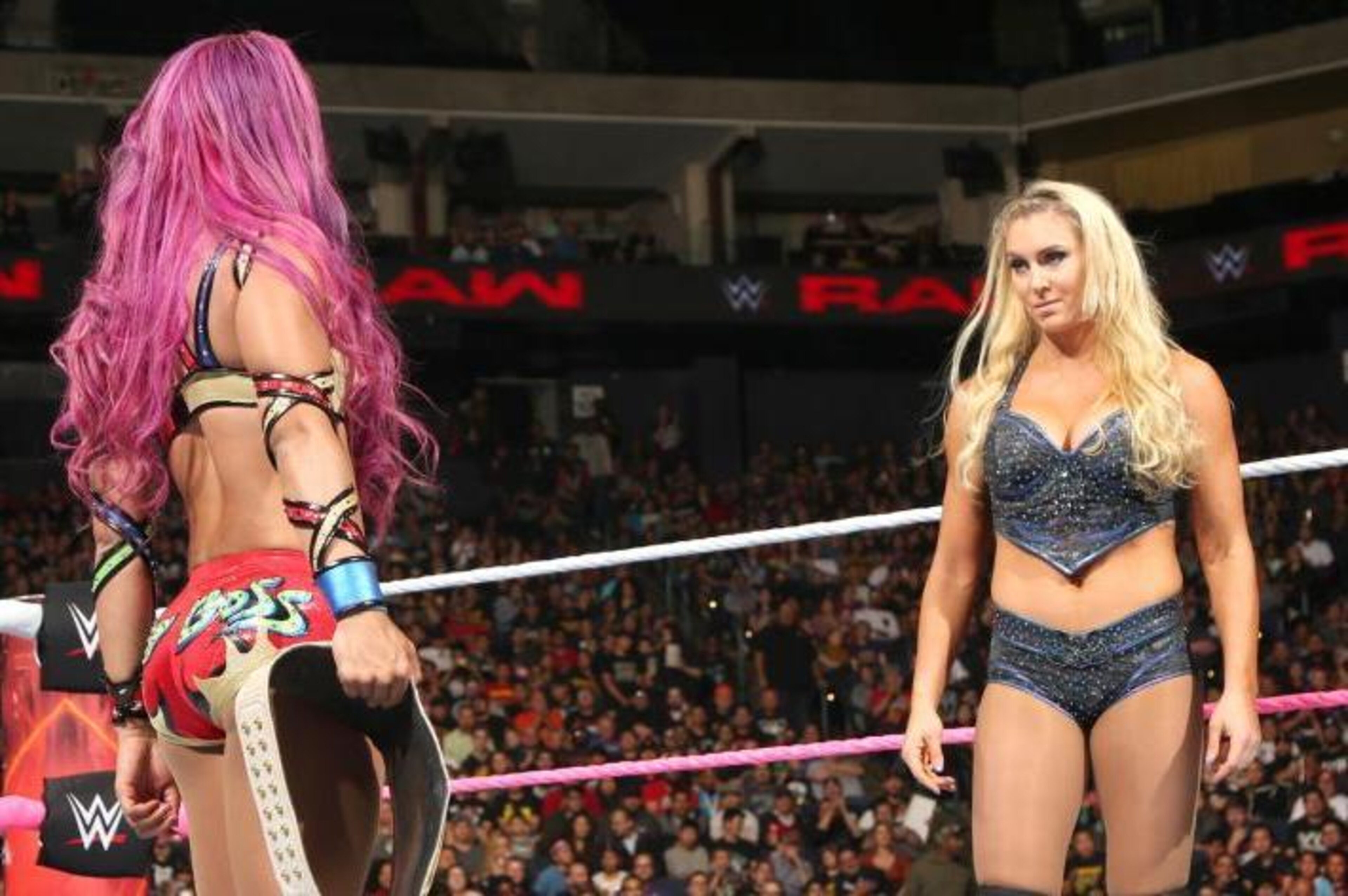 Sasha Banks and Charlotte stare each other down on Raw.