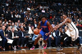 BROOKLYN, NY - OCTOBER 6:  Stanley Johnson #7 of the Detroit Pistons handles the ball against the Brooklyn Nets on October 6, 2016 at Barclays Center in the Brooklyn borough of New York City. NOTE TO USER: User expressly acknowledges and agrees that, by d