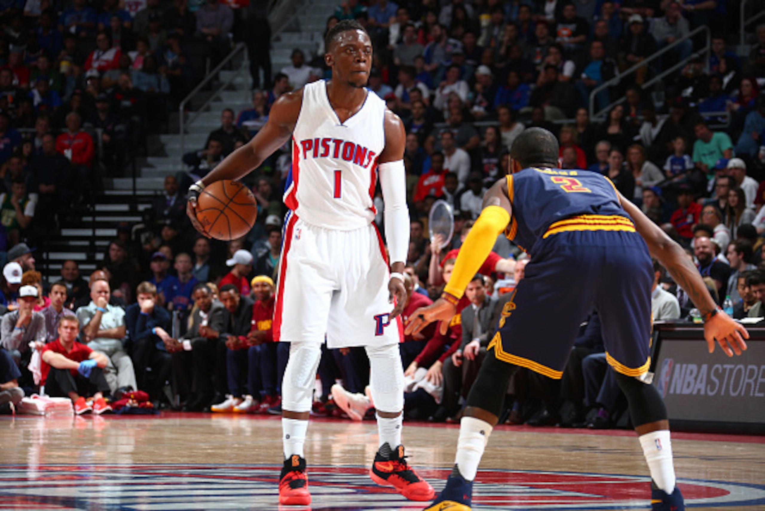 AUBURN HILLS, MI - APRIL 24:  Reggie Jackson #1 of the Detroit Pistons handles the ball against Kyrie Irving #2 of the Cleveland Cavaliers in Game Four of the Eastern Conference Quarterfinals during the 2016 NBA Playoffs on  April 24, 2016 at The Palace o