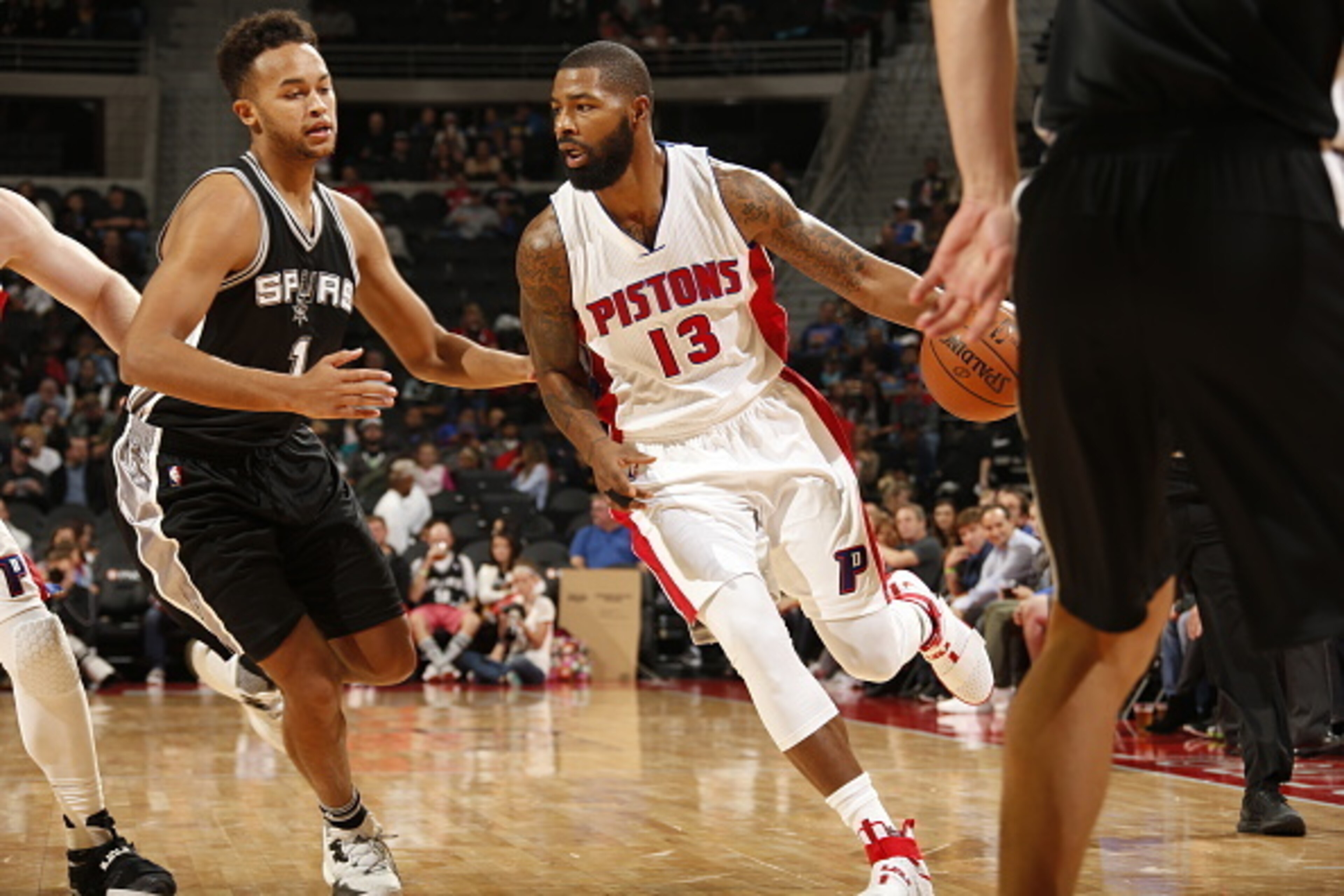 AUBURN HILLS, MI - OCTOBER 10: Marcus Morris #13 of the Detroit Pistons handles the ball against the San Antonio Spurs on October 10, 2016 at The Palace of Auburn Hills in Auburn Hills, Michigan. NOTE TO USER: User expressly acknowledges and agrees that, 