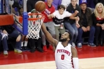 Apr 24, 2016; Auburn Hills, MI, USA; Detroit Pistons center Andre Drummond (0) takes a shot during the first quarter against the Cleveland Cavaliers in game four of the first round of the NBA Playoffs at The Palace of Auburn Hills. Mandatory Credit: Raj M