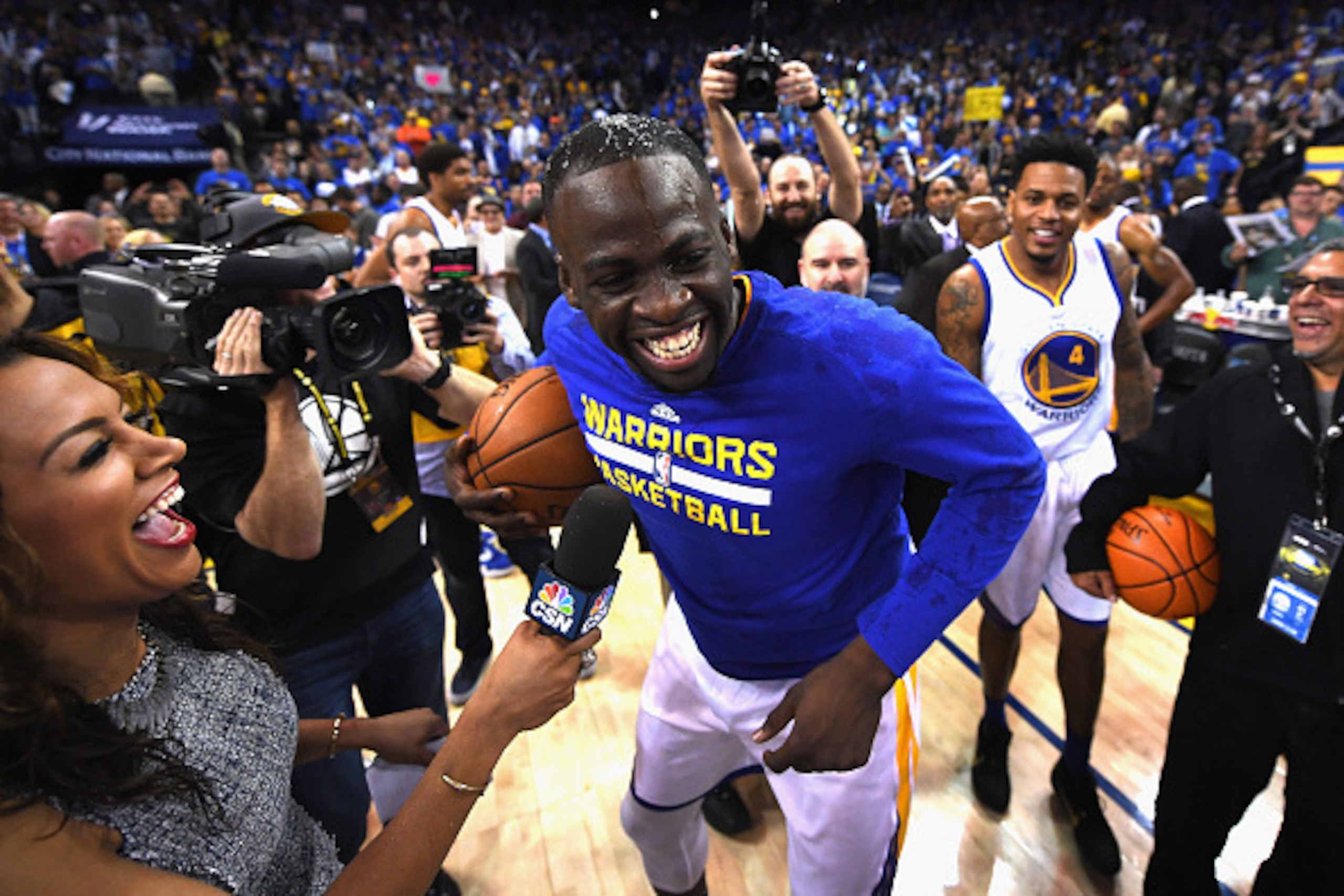 OAKLAND, CA - APRIL 13:  Draymond Green #23 of the Golden State Warriors reacts after the Warriors defeated the Memphis Grizzlies 125-104 at ORACLE Arena on April 13, 2016 in Oakland, California. By defeating the Memphis Grizzlies, the Golden State Warrio