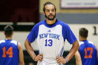 WEST POINT, NY - SEPTEMBER 30:  Joakim Noah #13 of the New York Knicks looks on during training camp practice on September 30, 2016 at The U.S. Military Academy at West Point in West Point, New York.  NOTE TO USER: User expressly acknowledges and agrees t