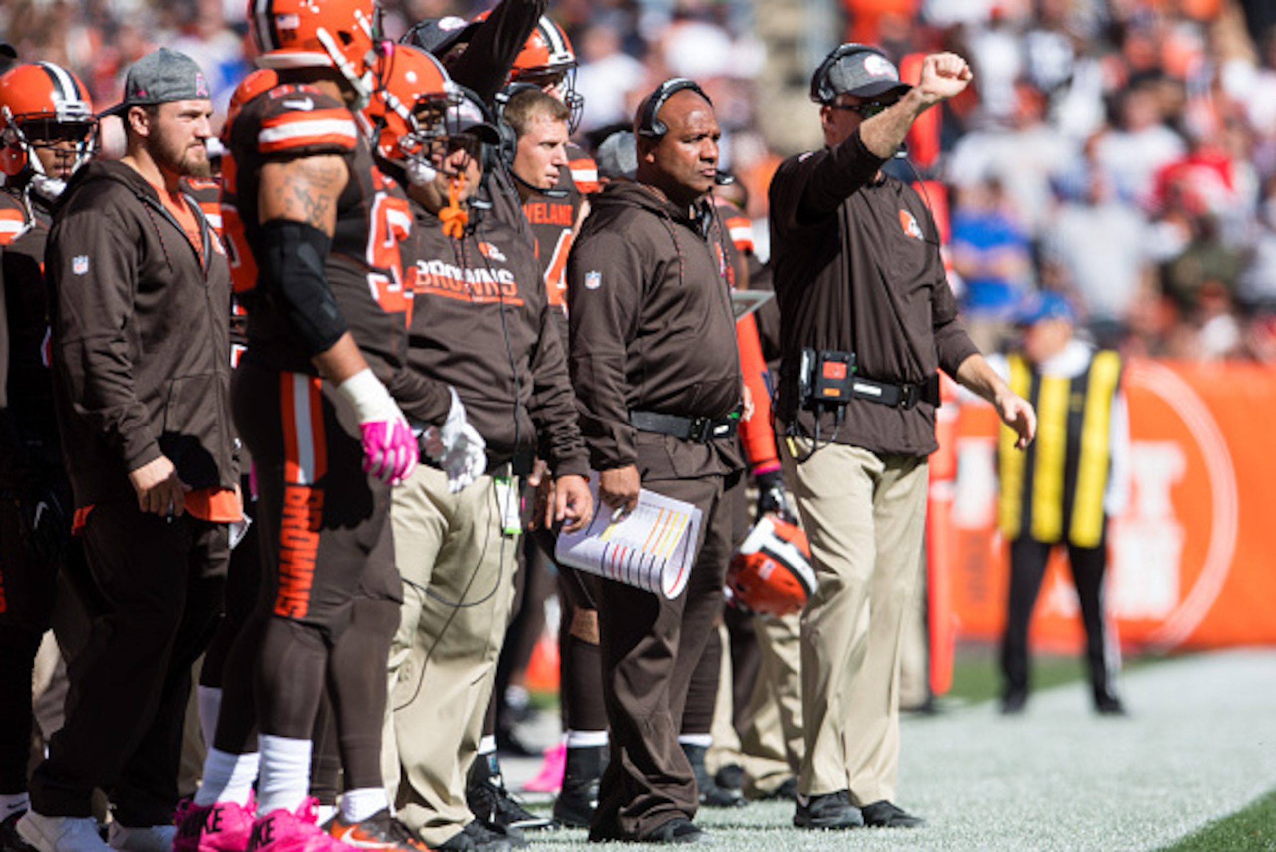 CLEVELAND, OH - OCTOBER 9: Head coach Hue Jackson of the Cleveland Browns watches from the sidelines during the first half against the New England Patriots at FirstEnergy Stadium on October 9, 2016 in Cleveland, Ohio. (Photo by Jason Miller/Getty Images)