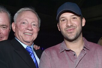 SAN FRANCISCO, CA - FEBRUARY 06:  (2ndL-R) Dallas Cowboys Owner / President / General Manager Jerry Jones, NFL player Tony Romo, and AXS TV Chairman, CEO, and President Mark Cuban attend the DirecTV Super Saturday Night co-hosted by Mark Cuban's AXS TV at