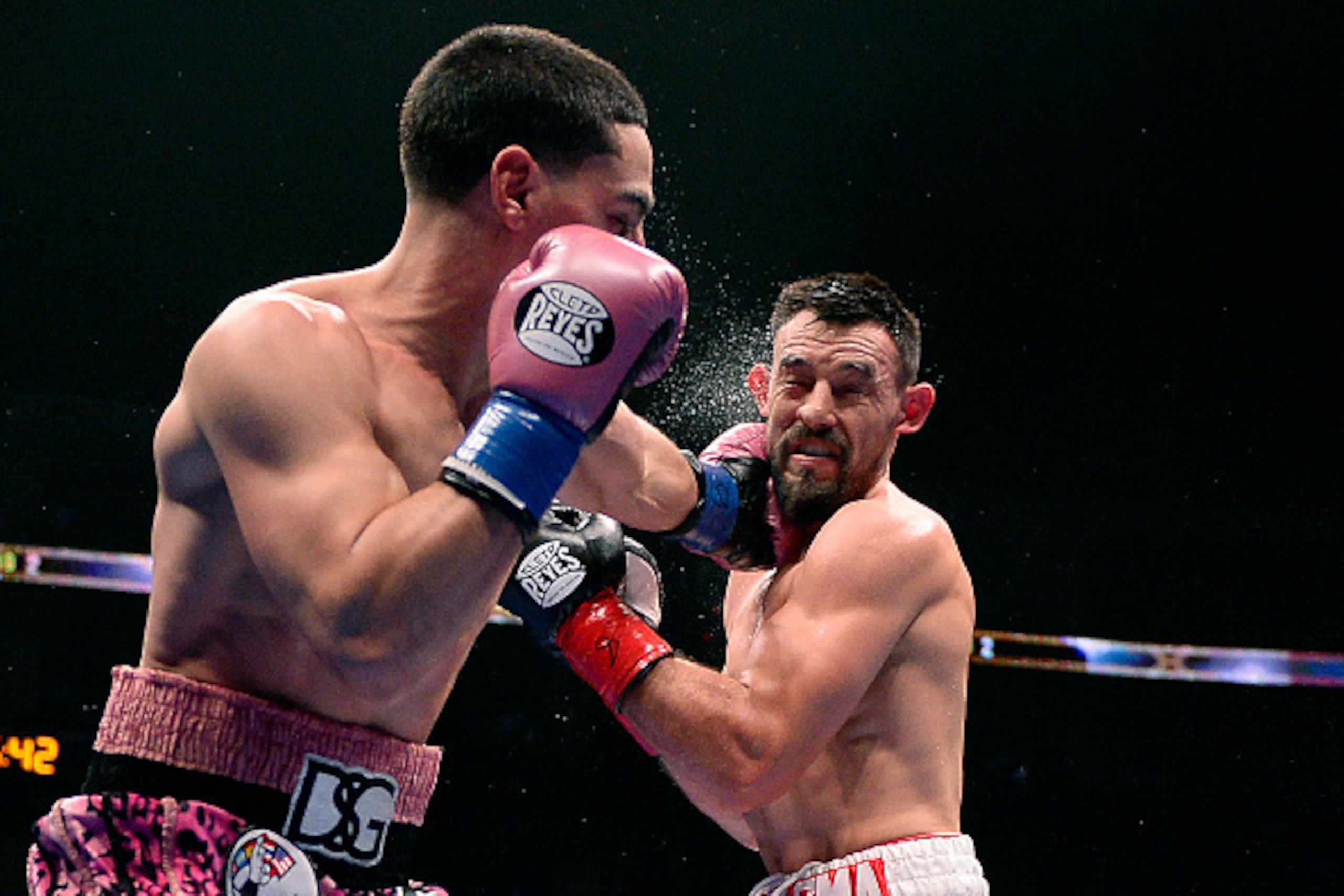 LOS ANGELES, CA - JANUARY 23: Danny Garcia (L) lands a punch at Robert Guerrero during the WBC championship welterweight bout at Staples Center January 23, 2016 in Los Angeles, California. Garcia defeated Guerrero(Photo by Kevork Djansezian/Getty Images)