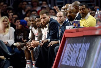 LOS ANGELES, CA - FEBRUARY 18: Blake Griffin #32 of the Los Angeles Clippers sits on the bench during the basketball game against San Antonio Spurs at Staples Center February 18, 2016, in Los Angeles, California. NOTE TO USER: User expressly acknowledges 