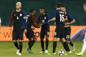 Oct 11, 2016; Washington, D.C., USA; United States forward Julian Green (19) celebrates with teammates after scoring a goal against New Zealand in the first half at RFK Stadium. Mandatory Credit: Geoff Burke-USA TODAY Sports