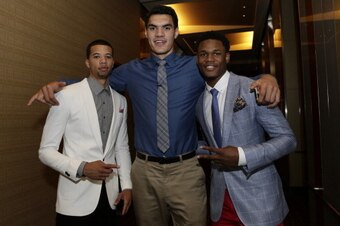 NEW YORK - JUNE 26: NBA Draft Prospects Michael Carter-Williams, Steven Adams and Ben McLemore  poses for a photo after media availability as part of the 2013 NBA Draft on June 26, 2013 at the Westin Times Square in New York City. NOTE TO USER: User expre