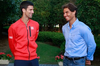SHANGHAI, CHINA - OCTOBER 10:  (L to R)Novak Djokovic and Rafael Nadal chats at the sponsors party of ATP Shanghai Rolex Masters 2016 at Qi Zhong Tennis Centre on October 10, 2016 in Shanghai, China.  (Photo by Kevin Lee/Getty Images)