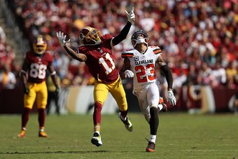 LANDOVER, MD - OCTOBER 2: Wide receiver DeSean Jackson #11 of the Washington Redskins looks for a pass while cornerback Joe Haden #23 of the Cleveland Browns defends in the fourth quarter at FedExField on October 2, 2016 in Landover, Maryland. (Photo by P