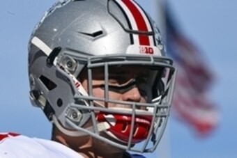 Nov 14, 2015; Champaign, IL, USA; Ohio State Buckeyes defensive end Sam Hubbard (6) practices before the game against the Illinois Fighting Illini at Memorial Stadium. Mandatory Credit: Mike DiNovo-USA TODAY Sports