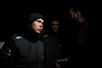 MELBOURNE, AUSTRALIA - NOVEMBER 15:  Ronda Rousey prepares to enter the Octagon before facing Holly Holm in their UFC women's bantamweight championship bout during the UFC 193 event at Etihad Stadium on November 15, 2015 in Melbourne, Australia. (Photo by