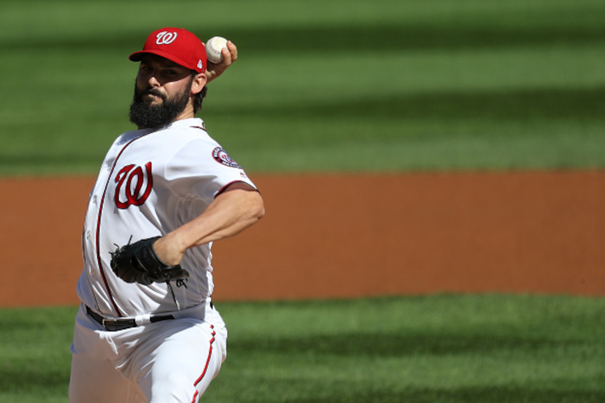 WASHINGTON, DC - OCTOBER 9: Tanner Roark #57 of the Washington Nationals works against the Los Angeles Dodgers in the first inning during game two of the National League Division Series at Nationals Park on October 9, 2016 in Washington, DC. (Photo by Rob