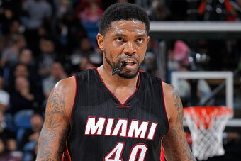 SACRAMENTO, CA - JANUARY 16: Udonis Haslem #40 of the Miami Heat looks on during the game against the Sacramento Kings on January 16, 2015 at Sleep Train Arena in Sacramento, California. NOTE TO USER: User expressly acknowledges and agrees that, by downlo