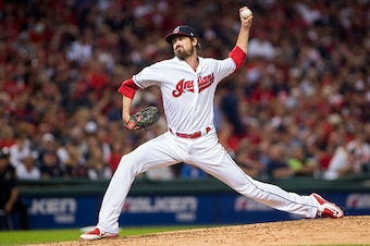 CLEVELAND, OH - OCTOBER 6: Andrew Miller #24 of the Cleveland Indians pitcher against the Boston Red Sox in the fifth inning of game one of the American League Division Series on October 6, 2016  at Progressive Field in Cleveland, Ohio. (Photo by Michael 
