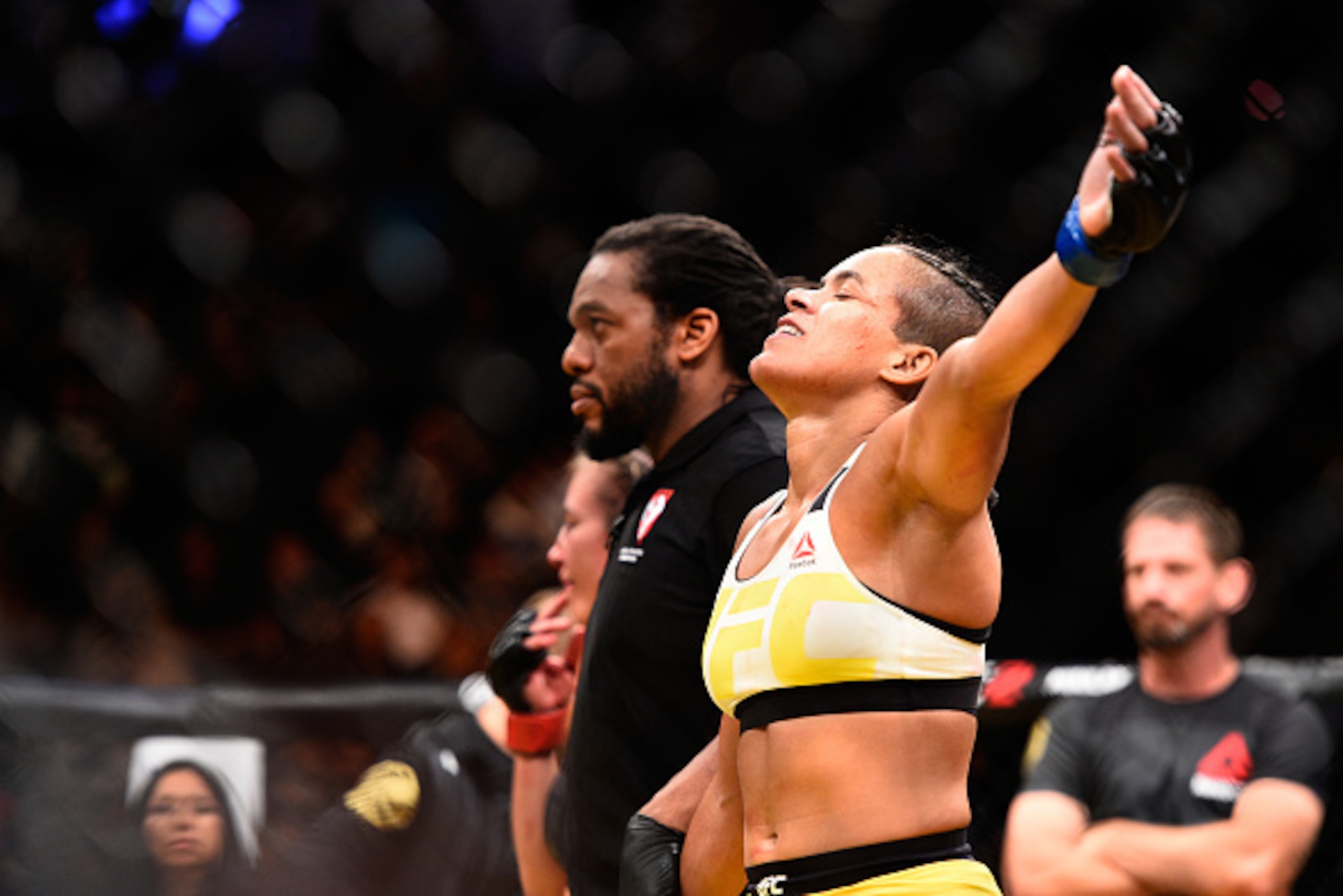 LAS VEGAS, NV - JULY 09: Amanda Nunes of Brazil reacts after defeating Miesha Tate during the UFC 200 event on July 9, 2016 at T-Mobile Arena in Las Vegas, Nevada. (Photo by Jeff Bottari/Zuffa LLC/Zuffa LLC via Getty Images) LAS VEGAS, NV - JULY 09: Amanda Nunes of Brazil reacts after defeating Miesha Tate during the UFC 200 event on July 9, 2016 at T-Mobile Arena in Las Vegas, Nevada. (Photo by Jeff Bottari/Zuffa LLC/Zuffa LLC via Getty Images)