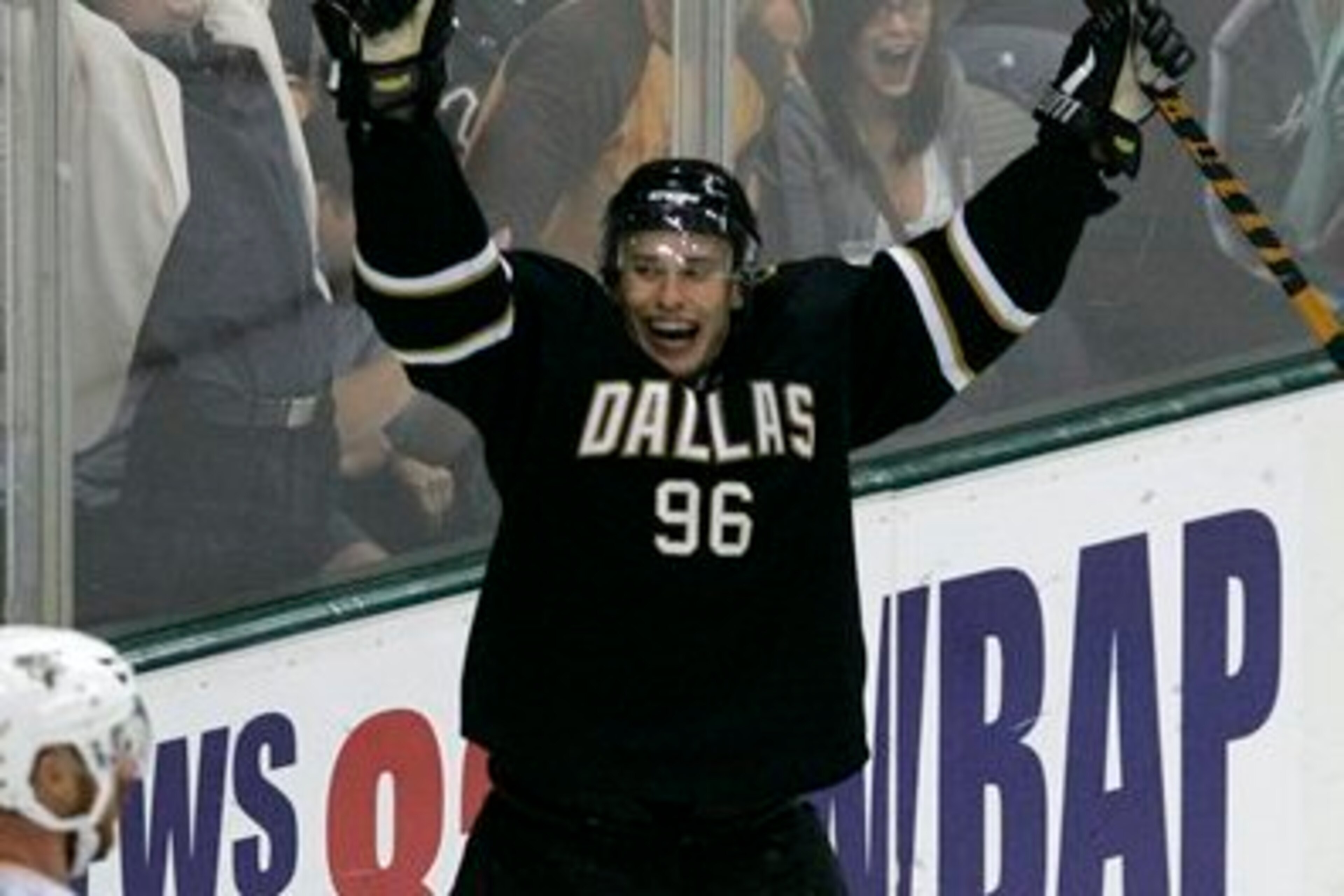 Fabian Brunnstrom celebrating during his three-goal NHL debut