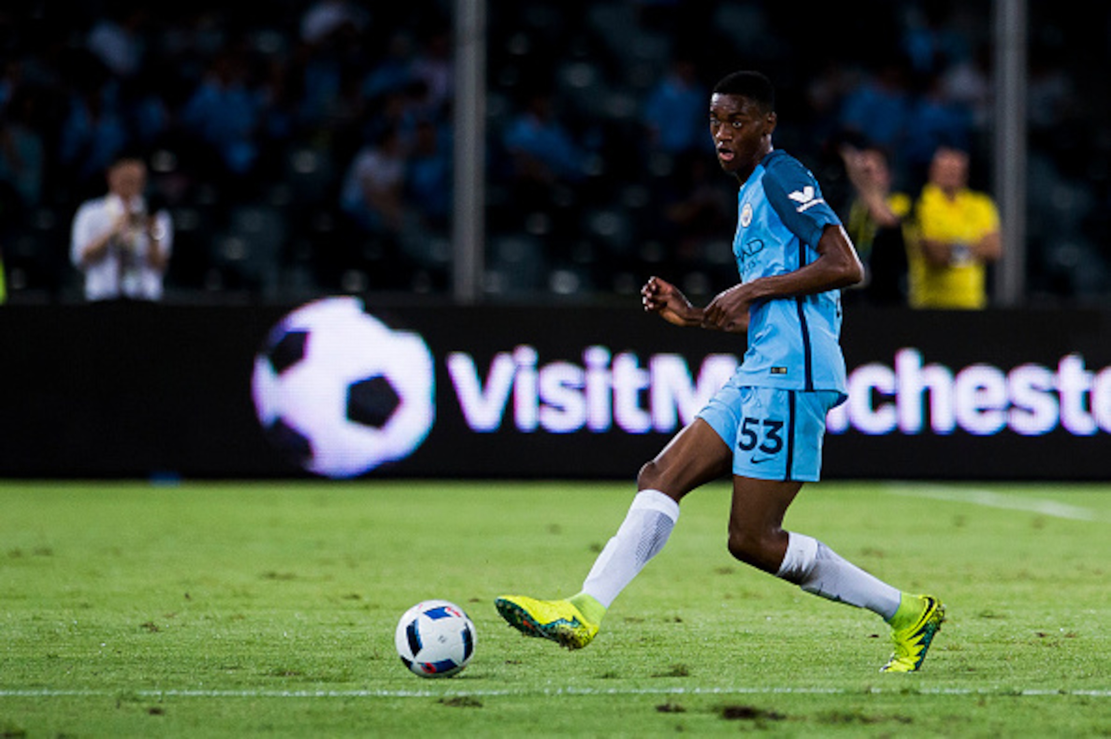 SHENZHEN - JULY 28: Manchester City defender Tosin Adarabioyo plays against Borussia Dortmund during the 2016 International Champions Cup China match at the Shenzhen Stadium on 28 July 2016 in Shenzhen, China. (Photo by Power Sport Images/Getty Images)