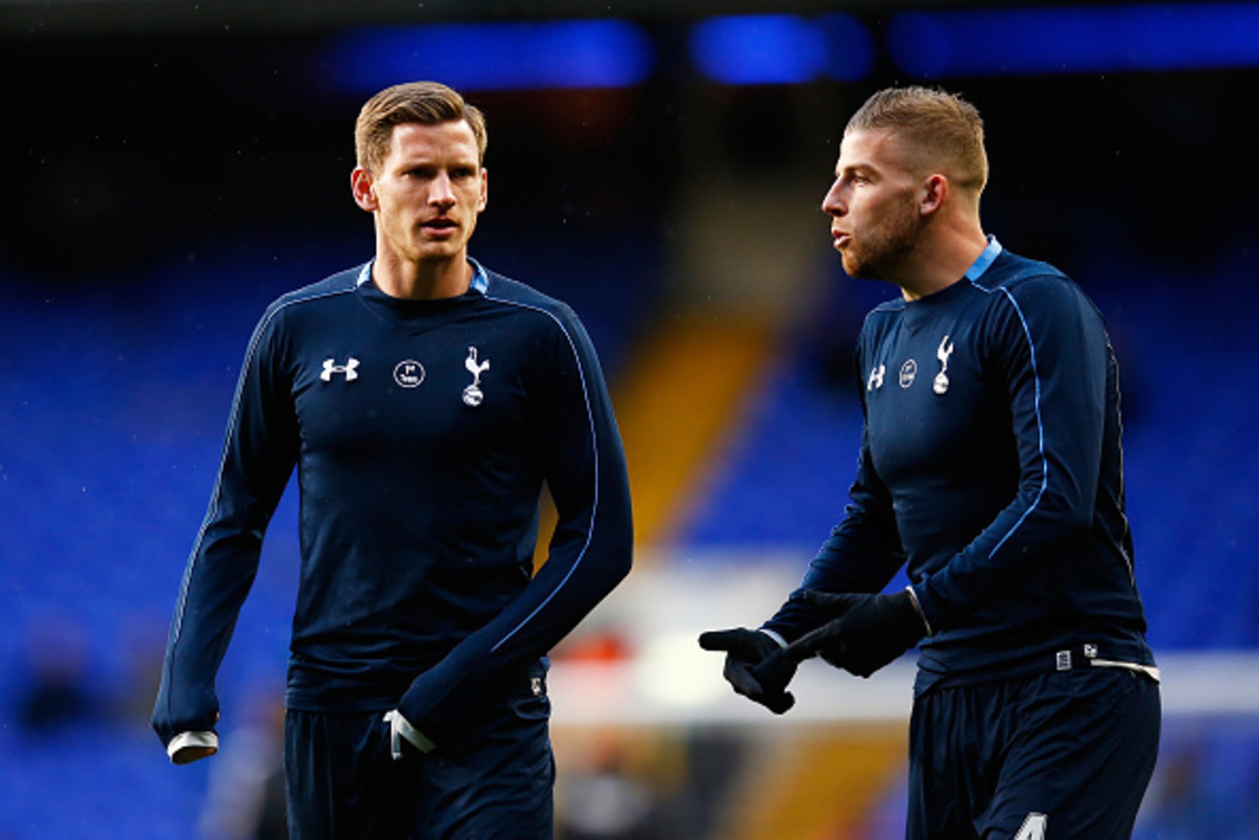 LONDON, ENGLAND - APRIL 25:  (L-R) Jan Vertonghen and Toby Alderweireld of Tottenham Hotspur warm up prior to kickoff  during the Barclays Premier League match between Tottenham Hotspur and West Bromwich Albion at White Hart Lane on April 25, 2016 in Lond