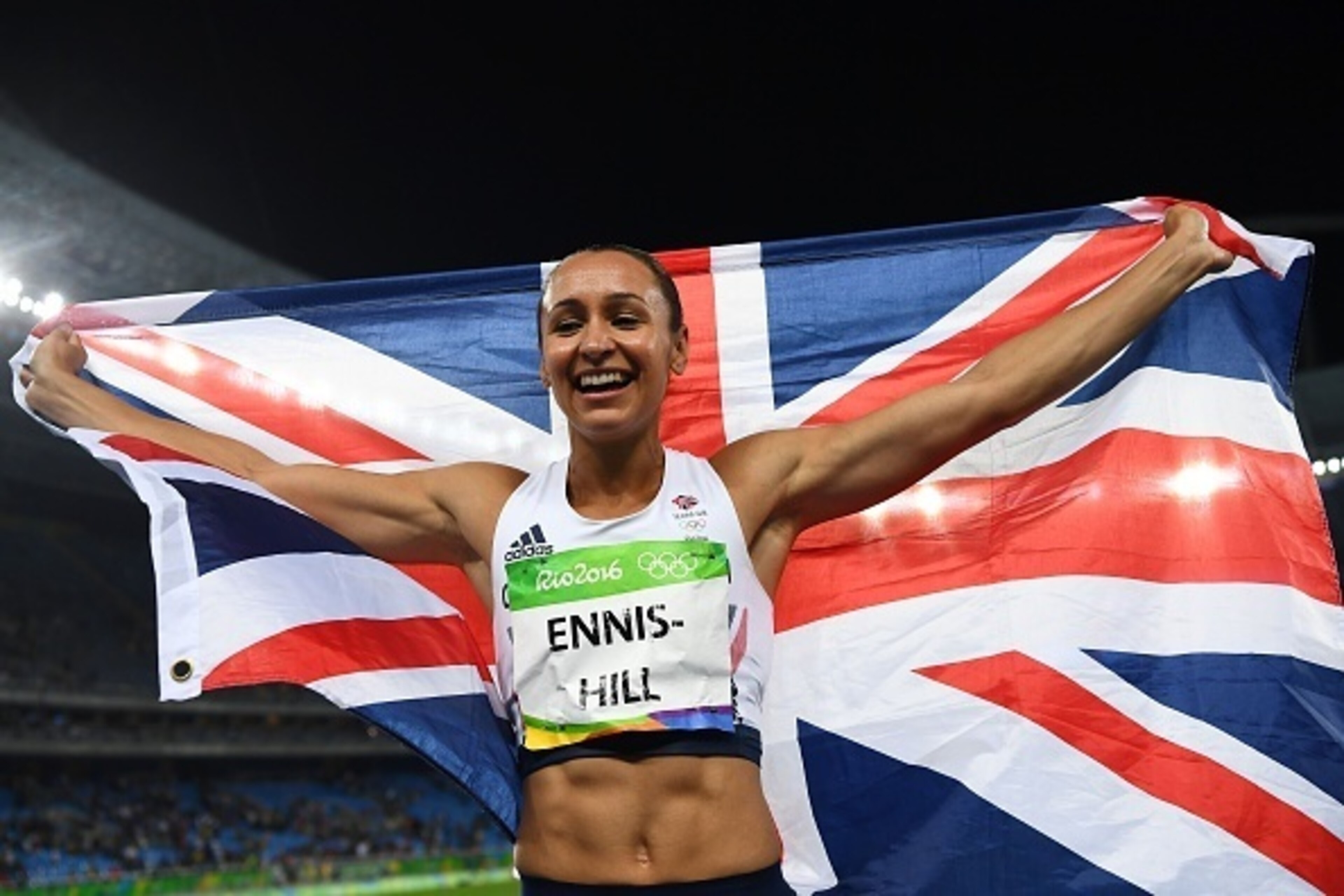 Silver medallist Britain's Jessica Ennis-Hill celebrates after the Women's Heptathlon during the athletics event at the Rio 2016 Olympic Games at the Olympic Stadium in Rio de Janeiro on August 13, 2016.   / AFP / FRANCK FIFE        (Photo credit should r