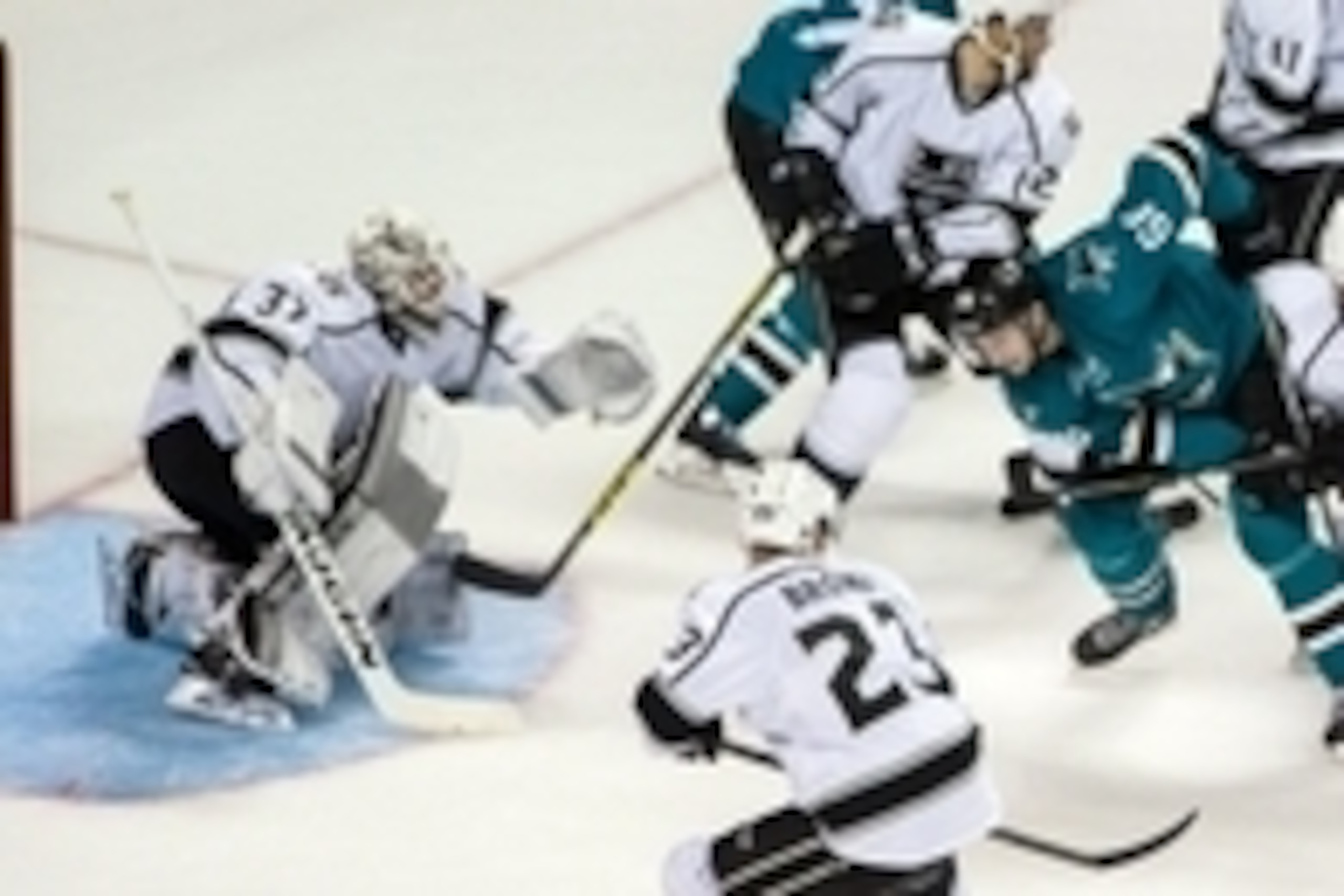 Oct 12, 2016; San Jose, CA, USA;  San Jose Sharks center Melker Karlsson (68) tries to shoot against Los Angeles Kings goalie Jeff Zatkoff (37) and other players in the second period at SAP Center at San Jose. Mandatory Credit: John Hefti-USA TODAY Sports