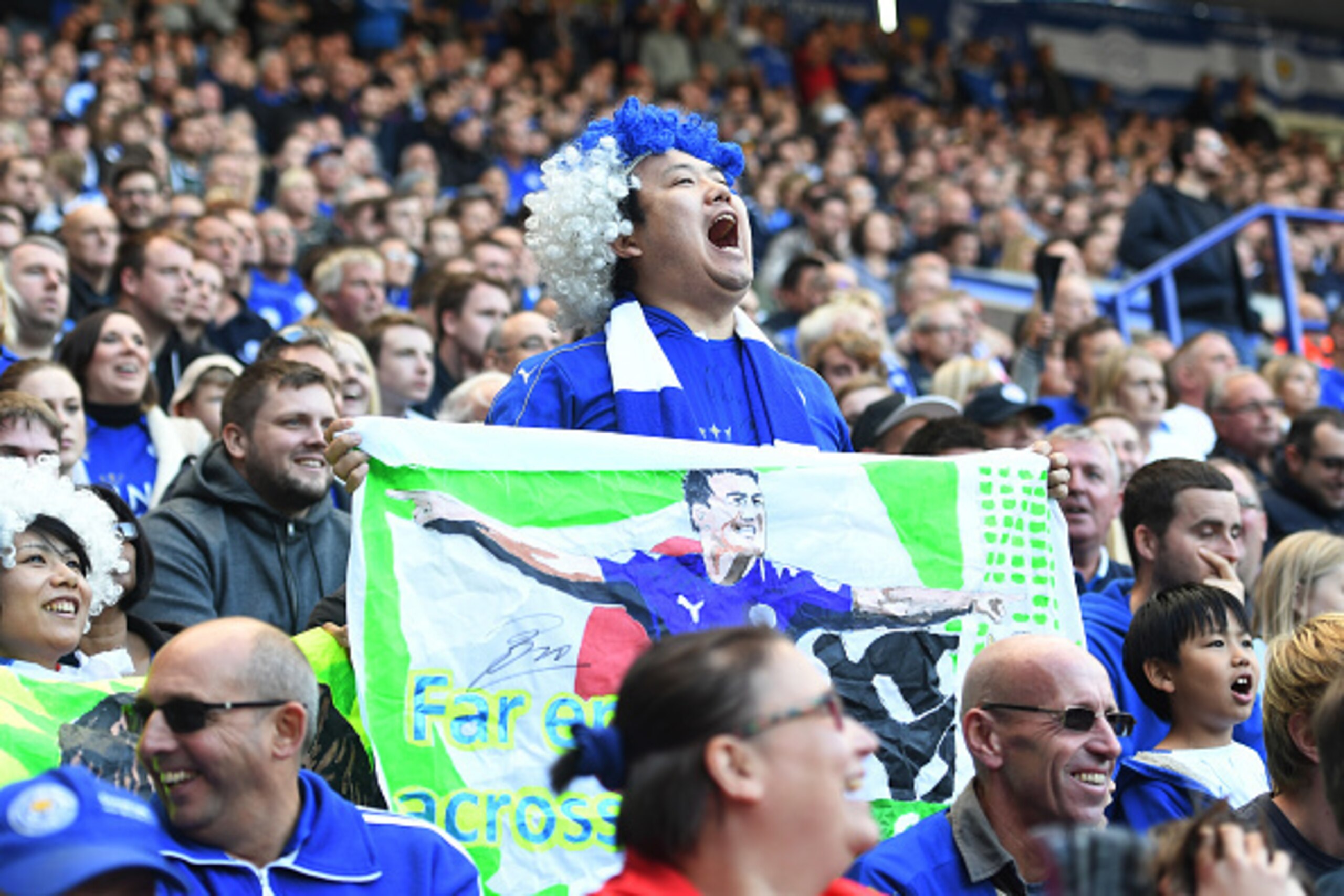 LEICESTER, ENGLAND - OCTOBER 02: A Leicester City fan surports Shinji Okazaki of Leicester City during the Premier League match between Leicester City and Southampton at The King Power Stadium on October 2, 2016 in Leicester, England. (Photo by Michael R LEICESTER, ENGLAND - OCTOBER 02: A Leicester City fan surports Shinji Okazaki of Leicester City during the Premier League match between Leicester City and Southampton at The King Power Stadium on October 2, 2016 in Leicester, England. (Photo by Michael R