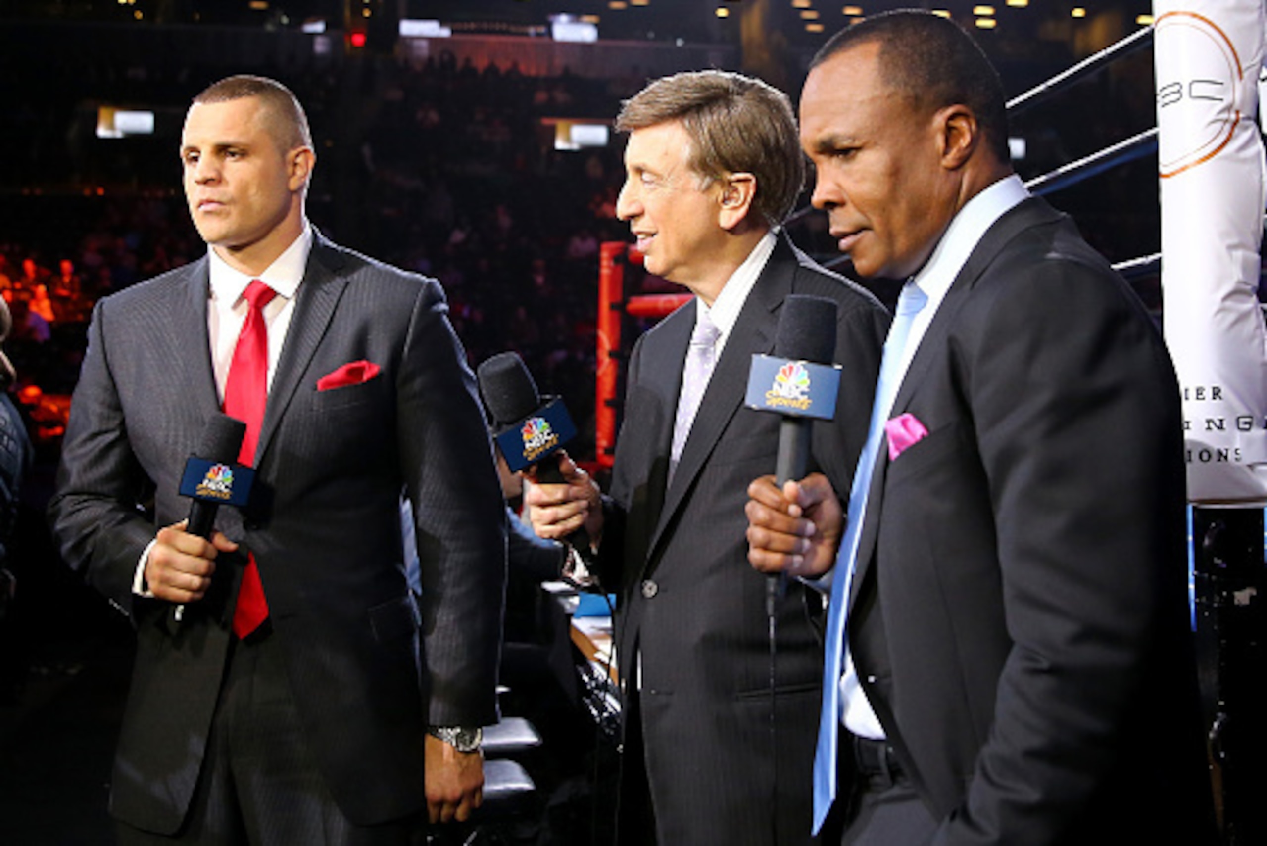 NEW YORK, NY - APRIL 11:  B.J. Flores,Marv Albert and Sugar Ray Leonard add some commentarty to the Andy Lee versus Peter Quillin fight during the Premier Boxing Champions Middleweight bout at Barclays Center on April 11, 2015 in the Brooklyn borough of N