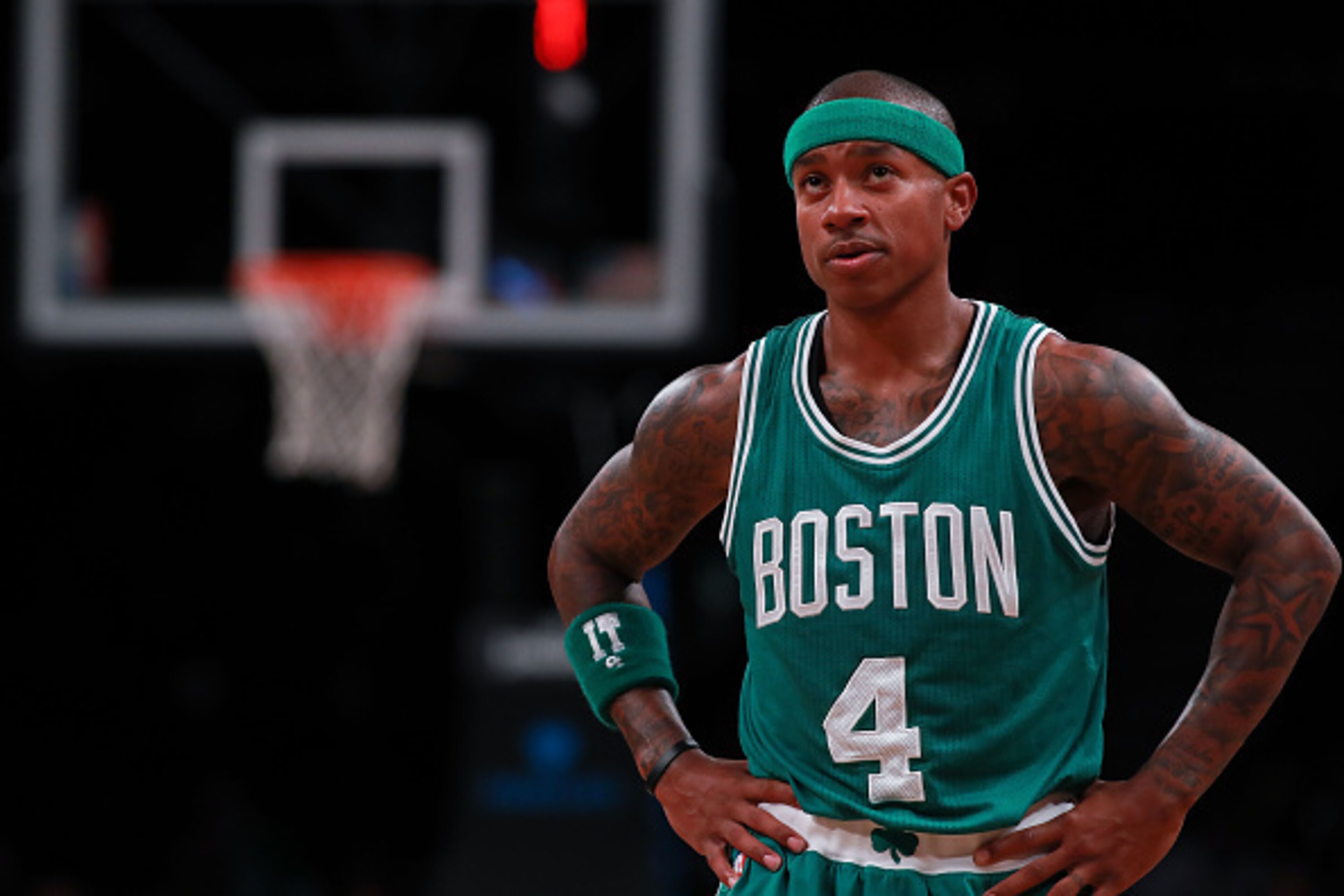 NEW YORK, NY - OCTOBER 13:  Isaiah Thomas #4 of the Boston Celtics looks on during the first half of the preseason game against the Brooklyn Nets at Barclays Center on October 13, 2016 in New York City.  NOTE TO USER User expressly acknowledges and agrees
