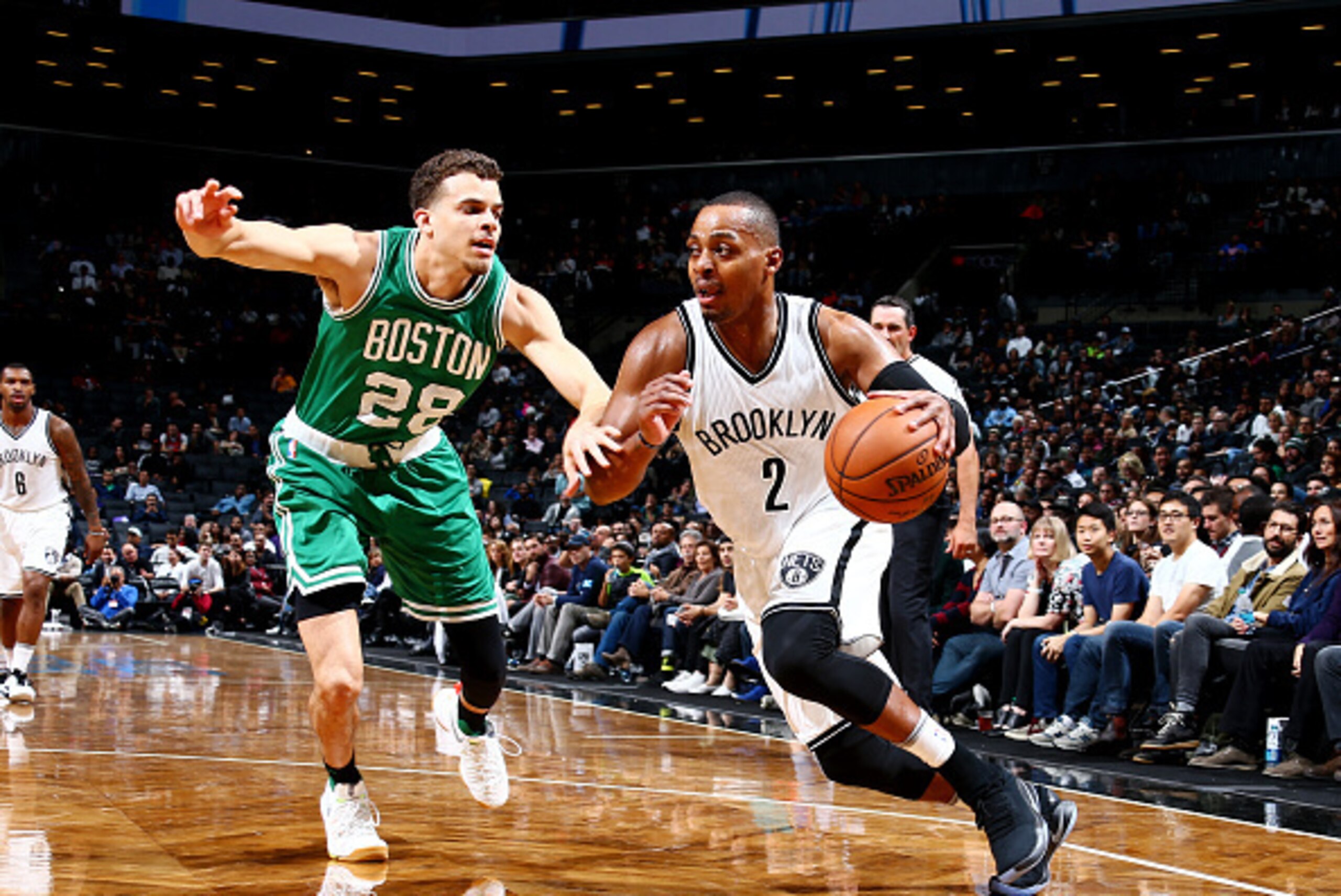 BROOKLYN, NY - OCTOBER 13:  Randy Foye #2 of the Brooklyn Nets handles the ball against R.J. Hunter #28 of the Boston Celtics during a preseason game on October 13, 2016 at Barclays Center in Brooklyn, New York. NOTE TO USER: User expressly acknowledges a