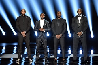 LOS ANGELES, CA - JULY 13: (L-R) NBA players Carmelo Anthony, Chris Paul, Dwyane Wade and LeBron James speak onstage during the 2016 ESPYS at Microsoft Theater on July 13, 2016 in Los Angeles, California.  (Photo by Kevin Winter/Getty Images)