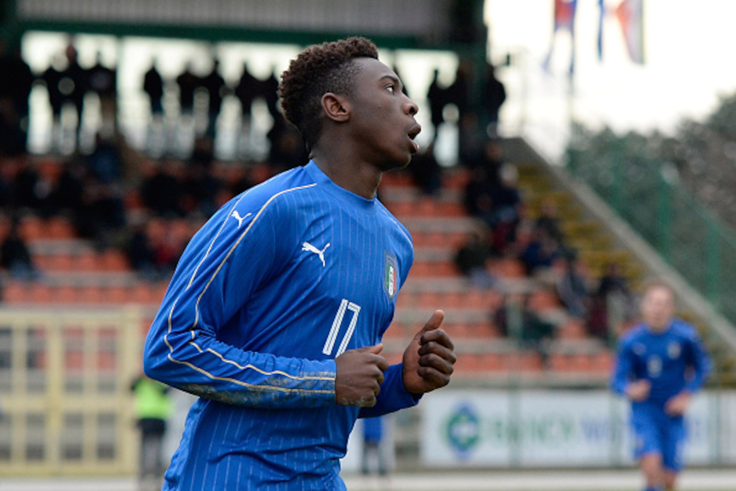 MANZANO, ITALY - FEBRUARY 16:  Bioty Moise Kean of Italy U17 celebrates after scoring his team's second goal during the international friendly match between Italy U17 and Serbia U17 at Stadio Comunale  on February 16, 2016 in Manzano, Italy.  (Photo by Di