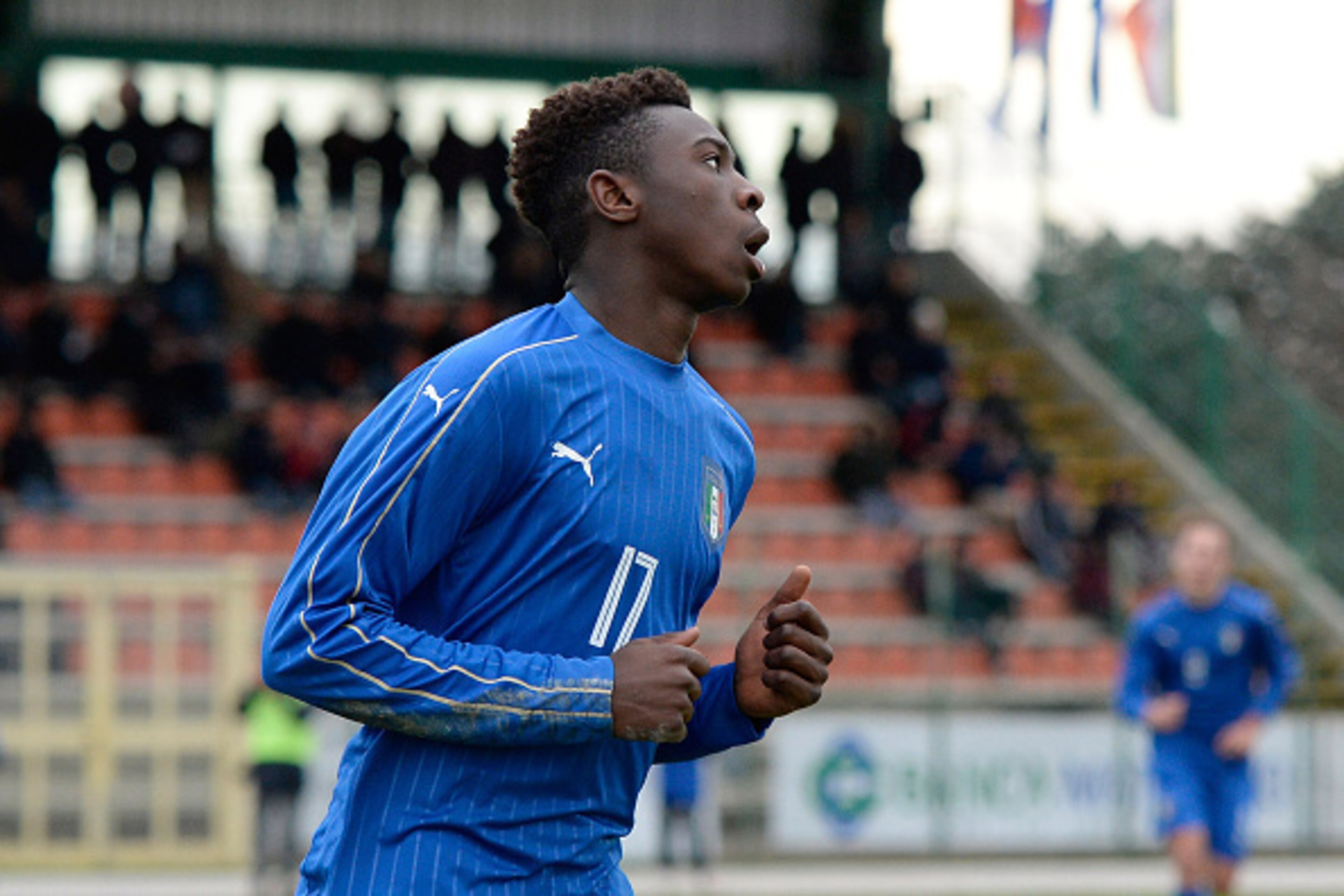 MANZANO, ITALY - FEBRUARY 16:  Bioty Moise Kean of Italy U17 celebrates after scoring his team's second goal during the international friendly match between Italy U17 and Serbia U17 at Stadio Comunale  on February 16, 2016 in Manzano, Italy.  (Photo by Di