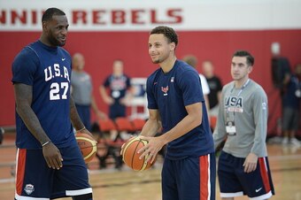 LAS VEGAS, NV - AUGUST 12: LeBron James and Stephen Curry of USA Mens National Team participates in minicamp at UNLV on August 12, 2015 in Las Vegas, Nevada. NOTE TO USER: User expressly acknowledges and agrees that, by downloading and/or using this Photo