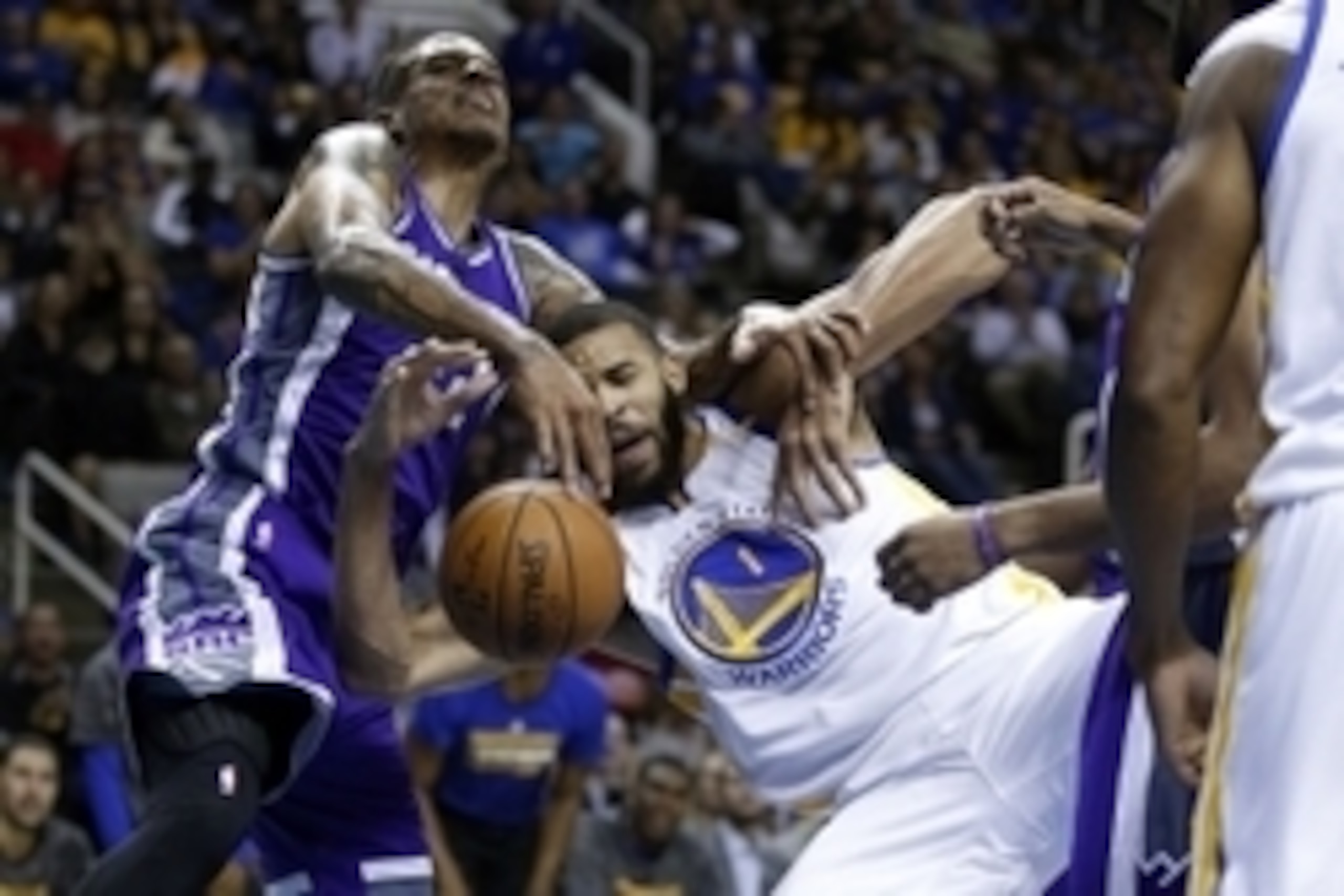 Oct 6, 2016; San Jose, CA, USA; Golden State Warriors center JaVale McGee (1) is fouled by Sacramento Kings forward Matt Barnes (22) in the third quarter at the SAP Center. Mandatory Credit: Cary Edmondson-USA TODAY Sports