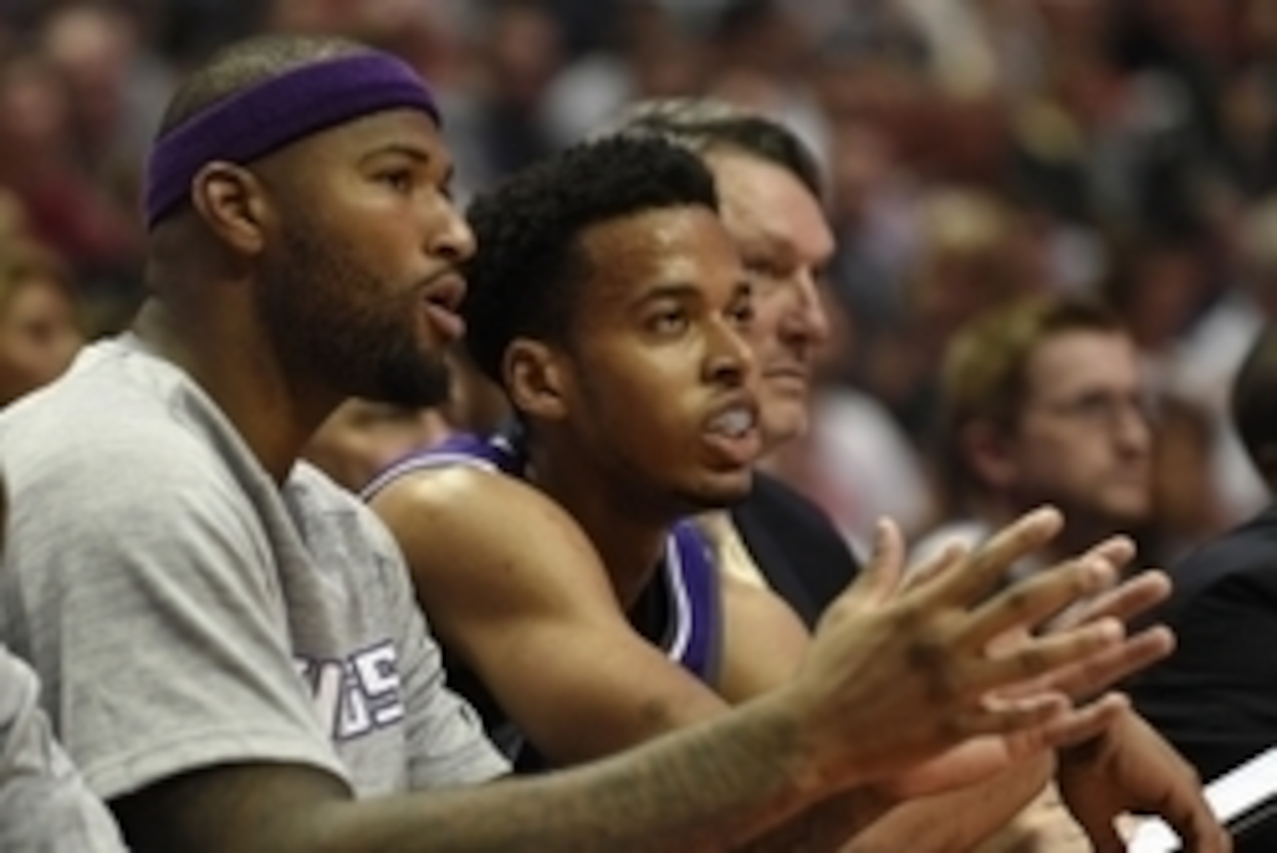 Oct 4, 2016; Anaheim, CA, USA; Sacramento Kings center DeMarcus Cousins (left) talks with forward Skal Labissiere (right) during the second half against the Los Angeles Lakers at Honda Center. The Los Angeles Lakers won 103-84. Mandatory Credit: Kelvin Ku