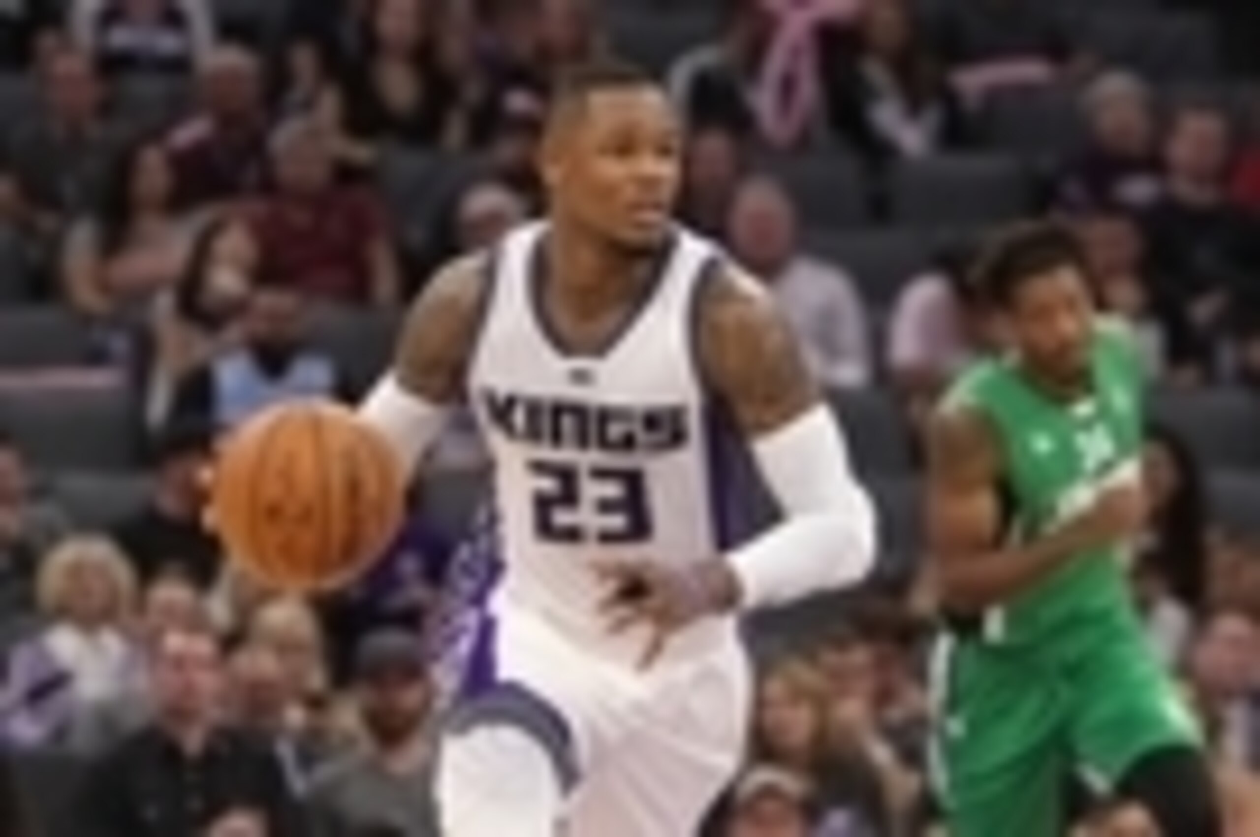 Oct 10, 2016; Sacramento, CA, USA;  Sacramento Kings guard Ben McLemore (23) dribbles the ball in front of Maccabi Haifa B.C. guard Orlando Mendez-Valdez (33) during the fourth quarter at Golden 1 Center. The Kings won 136-96. Mandatory Credit: Sergio Est