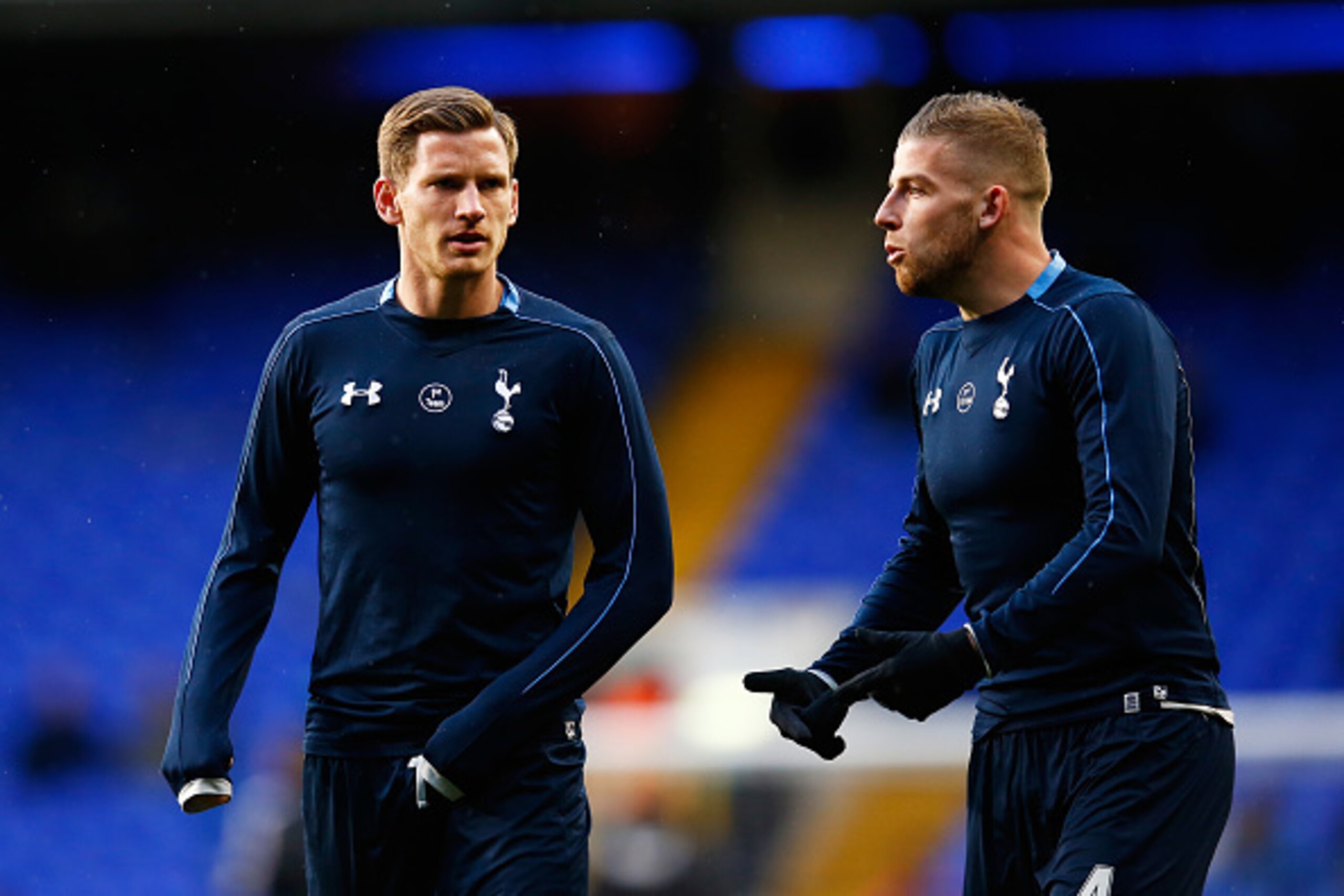 LONDON, ENGLAND - APRIL 25:  (L-R) Jan Vertonghen and Toby Alderweireld of Tottenham Hotspur warm up prior to kickoff  during the Barclays Premier League match between Tottenham Hotspur and West Bromwich Albion at White Hart Lane on April 25, 2016 in Lond