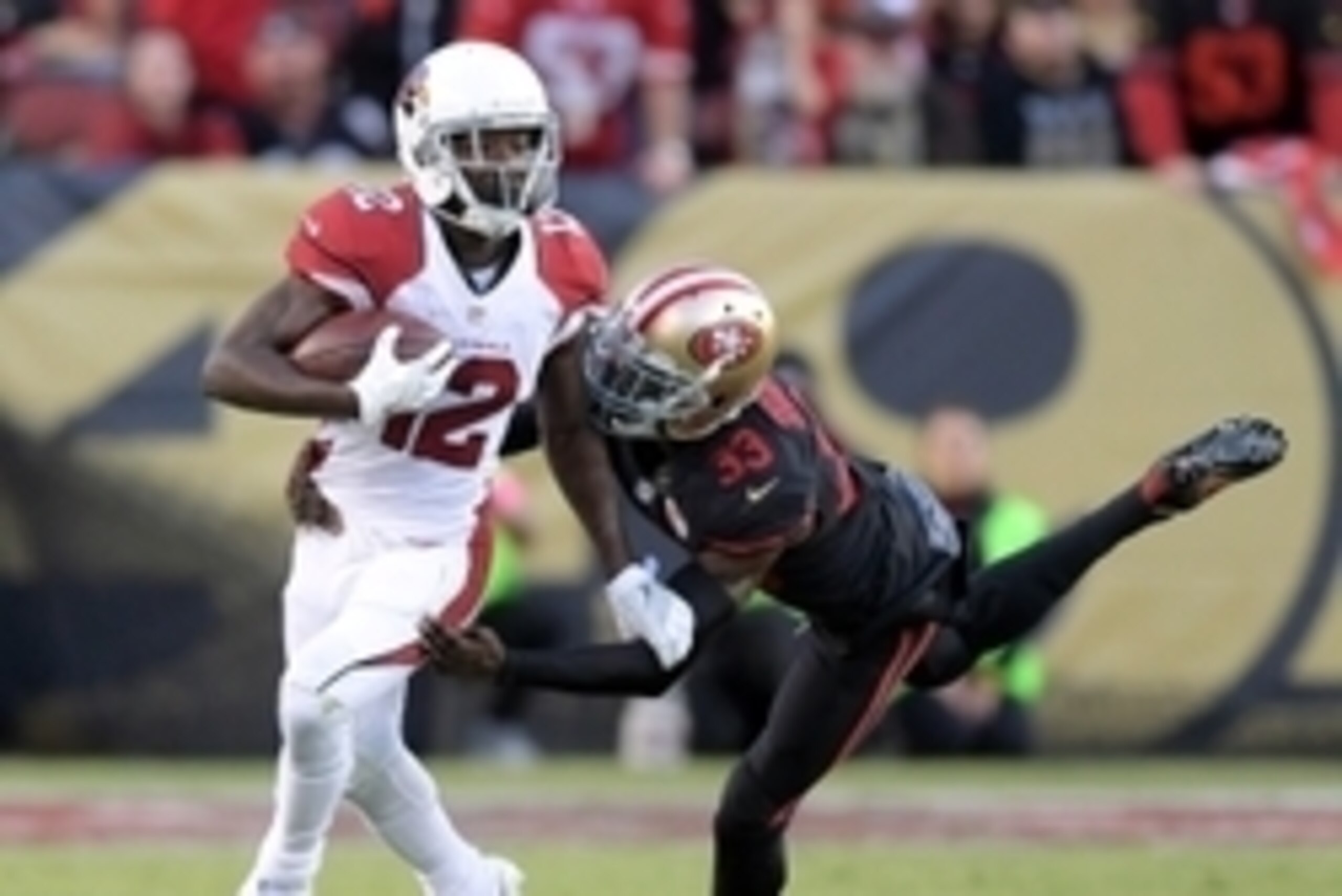 Oct 6, 2016; Santa Clara, CA, USA; Arizona Cardinals wide receiver John Brown (12) is defended by San Francisco 49ers cornerback Rashard Robinson (33) during a NFL game at Levi's Stadium. Mandatory Credit: Kirby Lee-USA TODAY Sports
