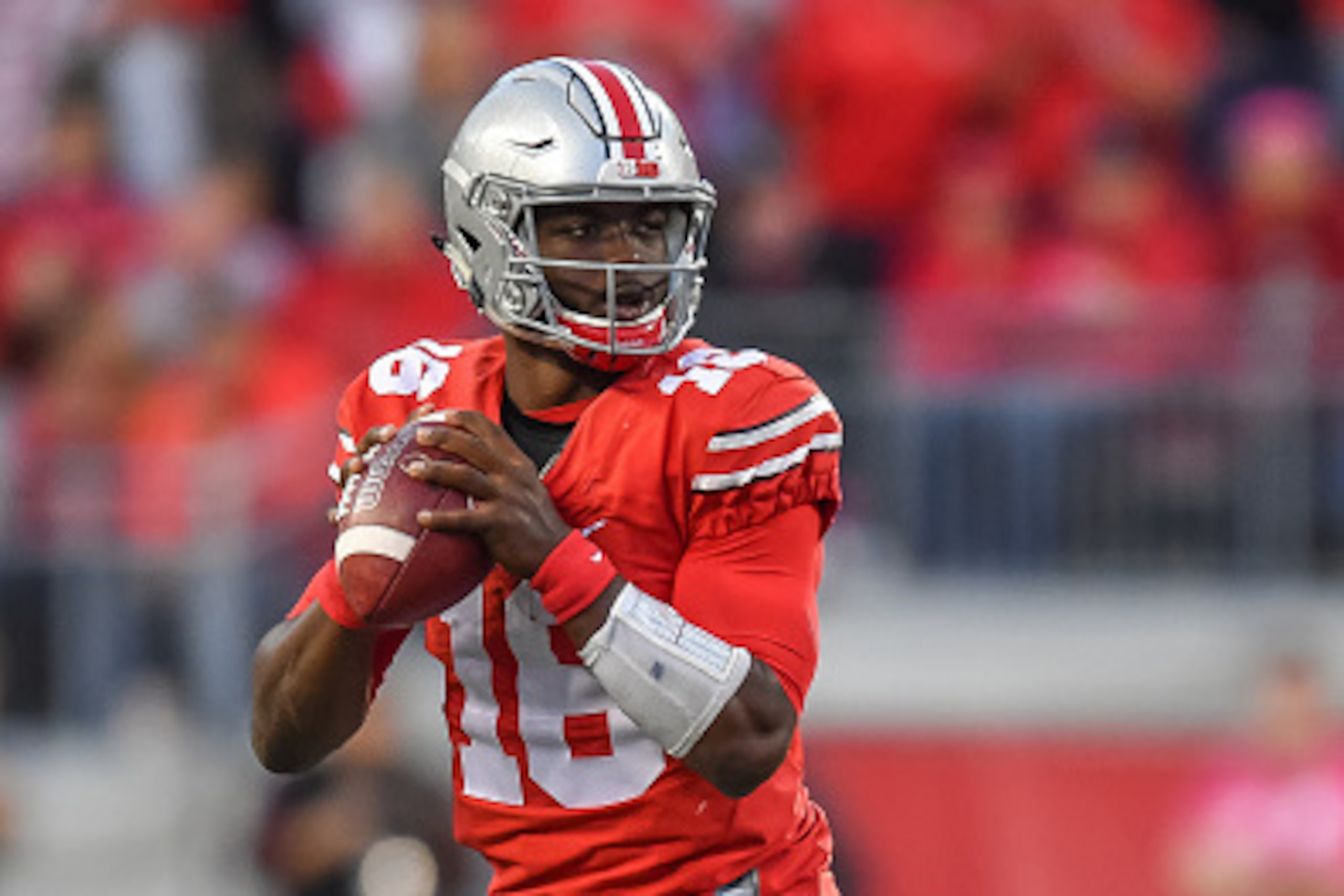 COLUMBUS, OH - OCTOBER 8:  Quarterback J.T. Barrett #16 of the Ohio State Buckeyes passes against the Indiana Hoosiers at Ohio Stadium on October 8, 2016 in Columbus, Ohio. Ohio State defeated Indiana 38-17.  (Photo by Jamie Sabau/Getty Images)