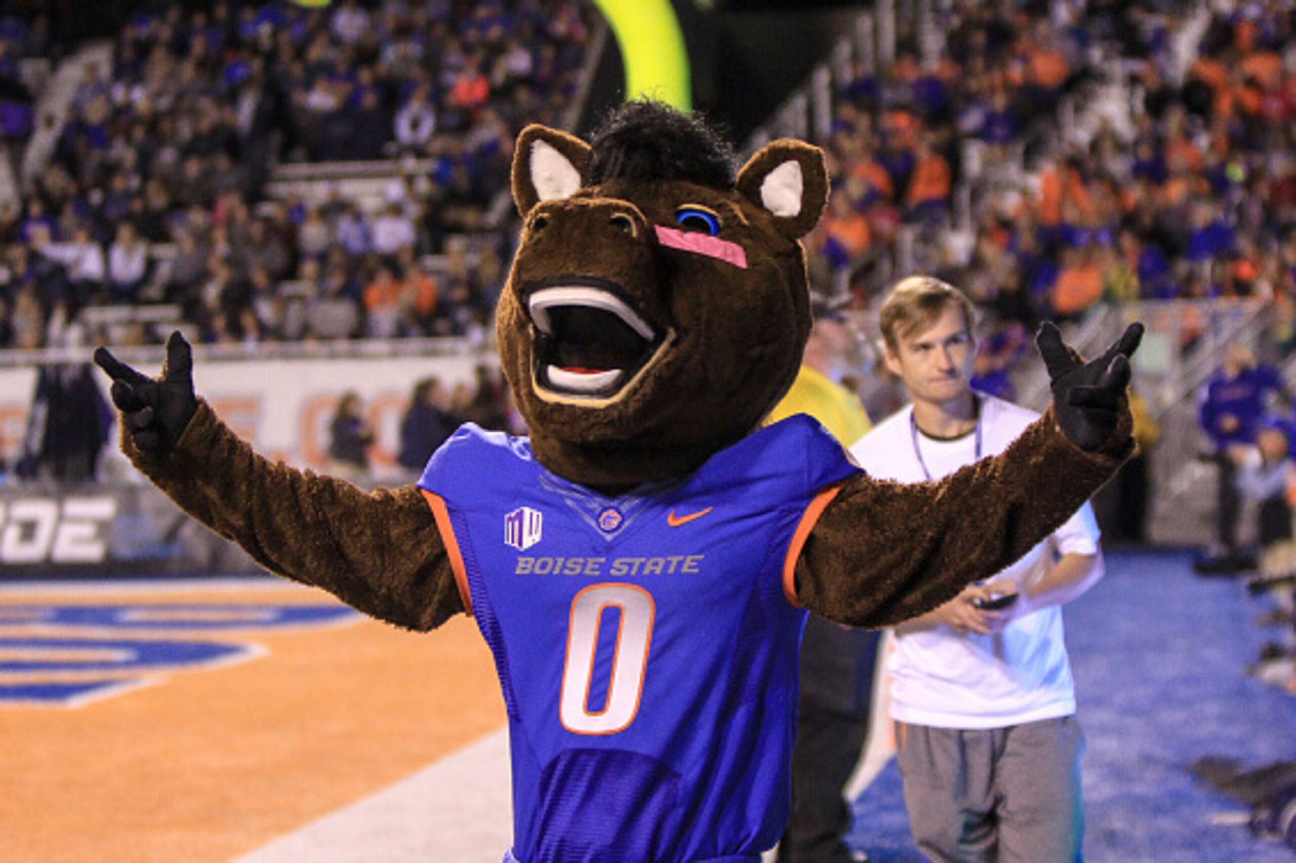 BOISE, ID - OCTOBER 1: Buster Bronco, the Boise State Broncos mascot, performing during second half action against the Utah State Aggies on October 1, 2016 at Albertsons Stadium in Boise, Idaho. Boise State won the game 21-10. (Photo by Loren Orr/Getty Im
