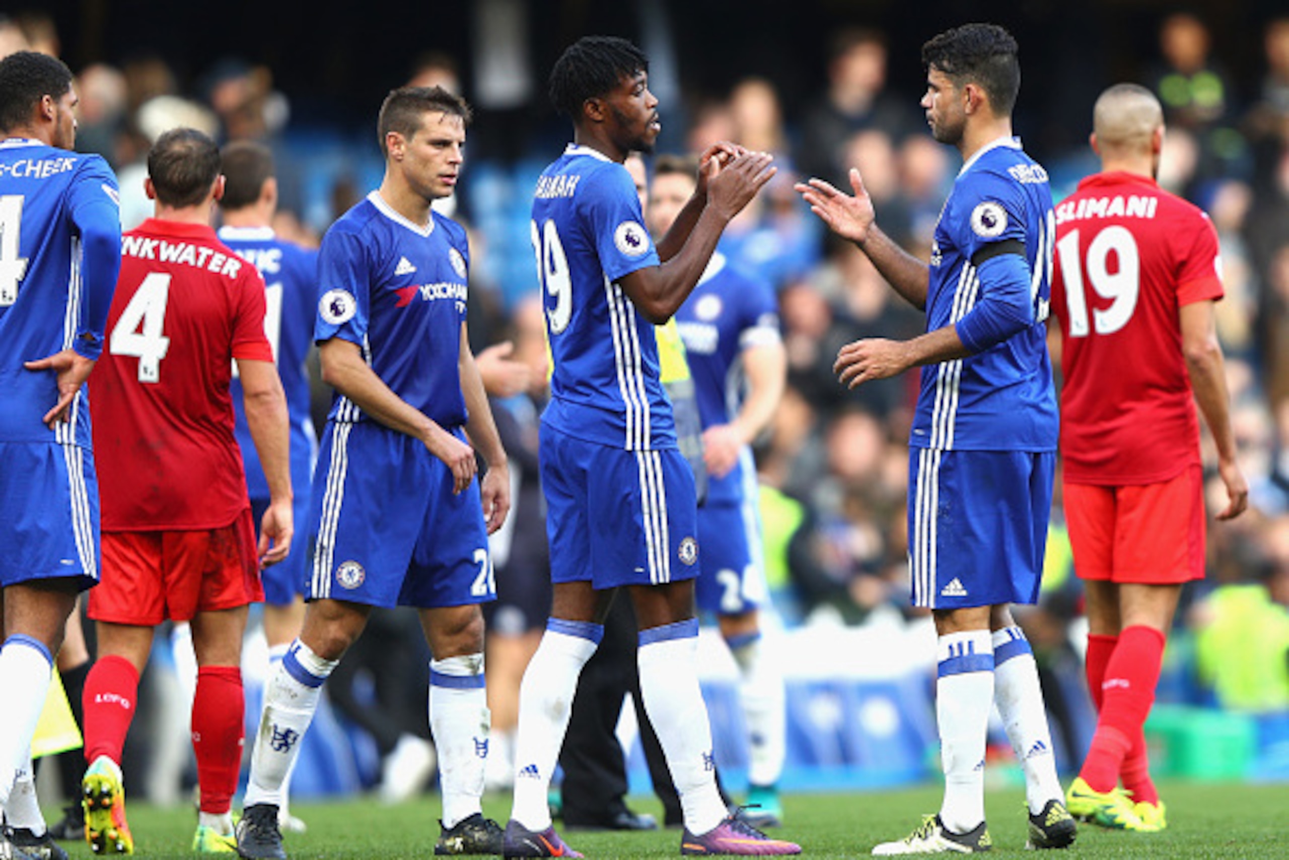 LONDON, ENGLAND - OCTOBER 15:  Nathaniel Chalobah of Chelsea and Diego Costa of Chelsea embrace after the final whistle during the Premier League match between Chelsea and Leicester City at Stamford Bridge on October 15, 2016 in London, England.  (Photo b