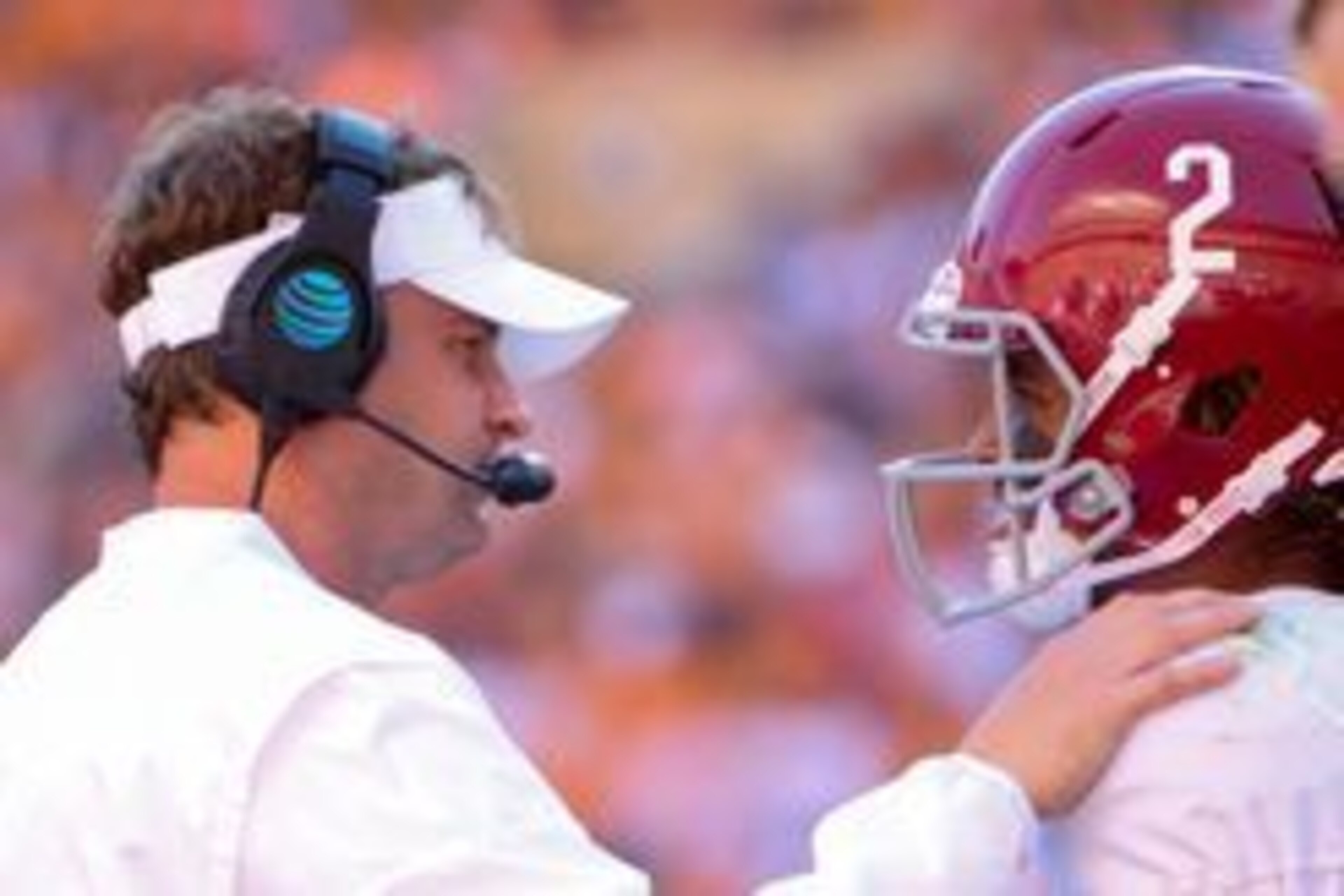 Oct 15, 2016; Knoxville, TN, USA; Alabama Crimson Tide offensive coordinator Lane Kiffin talks to quarterback Jalen Hurts (2) during the first half against the Tennessee Volunteers at Neyland Stadium. Mandatory Credit: Randy Sartin-USA TODAY Sports Oct 15, 2016; Knoxville, TN, USA; Alabama Crimson Tide offensive coordinator Lane Kiffin talks to quarterback Jalen Hurts (2) during the first half against the Tennessee Volunteers at Neyland Stadium. Mandatory Credit: Randy Sartin-USA TODAY Sports