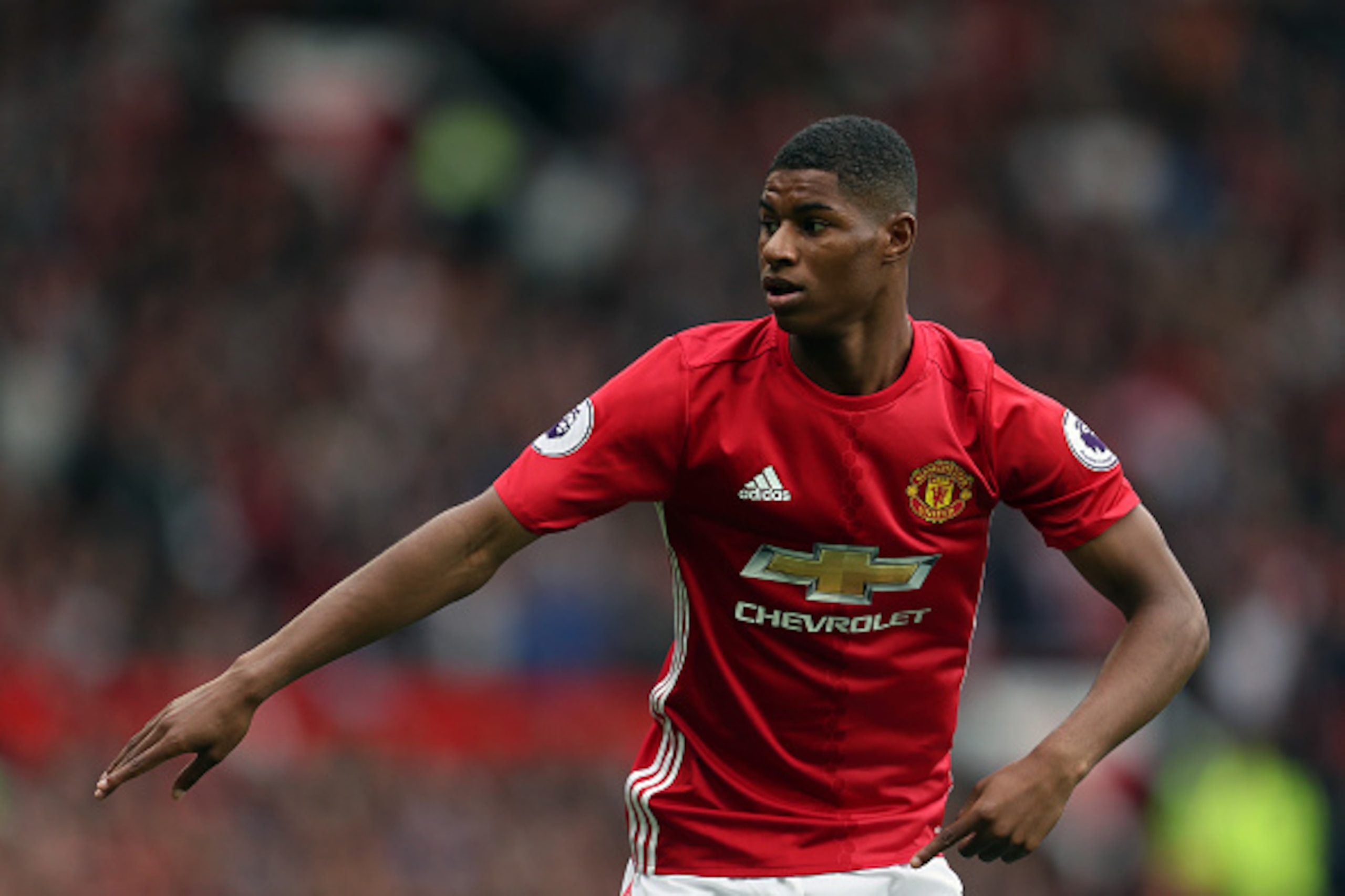 MANCHESTER, ENGLAND - SEPTEMBER 24: Marcus Rashford of Manchester United during the Premier League match between Manchester United and Leicester City at Old Trafford on September 24, 2016 in Manchester, England. (Photo by James Baylis - AMA/Getty Images)