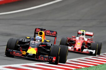 SPIELBERG, AUSTRIA - JULY 03: Daniel Ricciardo of Australia driving the (3) Red Bull Racing Red Bull-TAG Heuer RB12 TAG Heuer leads Kimi Raikkonen of Finland driving the (7) Scuderia Ferrari SF16-H Ferrari 059/5 turbo (Shell GP) on track during the Formul SPIELBERG, AUSTRIA - JULY 03: Daniel Ricciardo of Australia driving the (3) Red Bull Racing Red Bull-TAG Heuer RB12 TAG Heuer leads Kimi Raikkonen of Finland driving the (7) Scuderia Ferrari SF16-H Ferrari 059/5 turbo (Shell GP) on track during the Formul